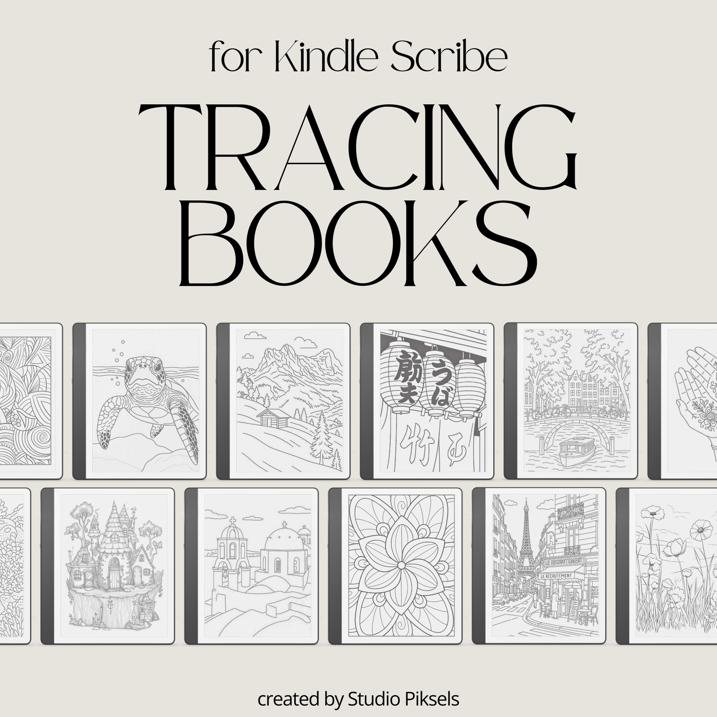 XL Tracing Bundle for Kindle Scribe featuring travel-themed tracing books, mandala patterns, floral designs, stained glass art, ocean scenes, and creative tracing pages for mindful digital drawing