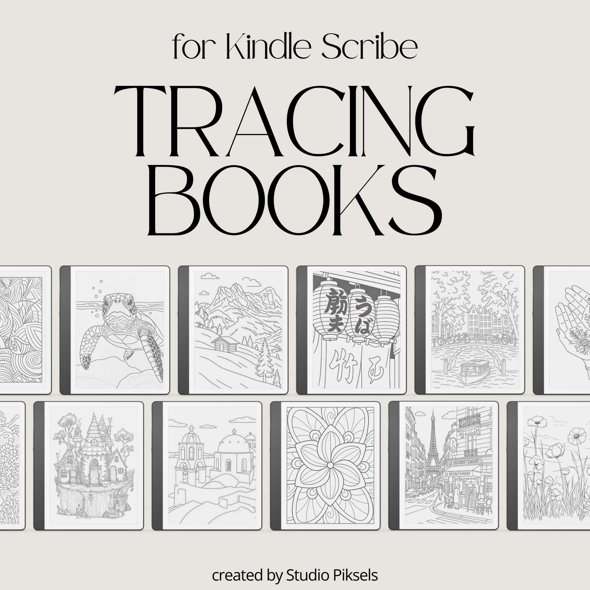 XL Tracing Bundle for Kindle Scribe featuring travel-themed tracing books, mandala patterns, floral designs, stained glass art, ocean scenes, and creative tracing pages for mindful digital drawing
