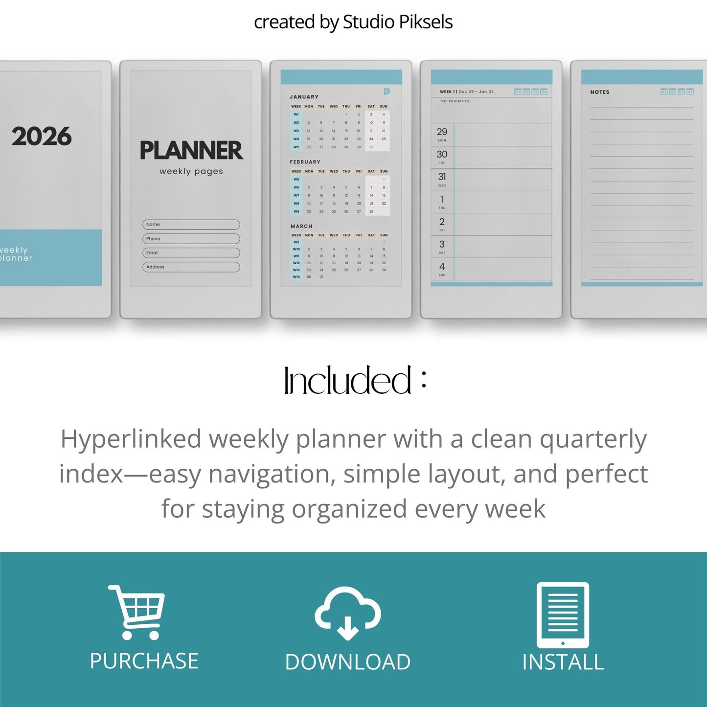 2026 Hyperlinked Weekly Planner for reMarkable Paper Pro Move