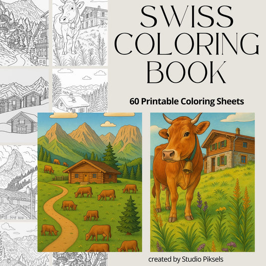 Swiss Mountains Coloring Book, Switzerland Coloring Pages, Europe Travel Coloring Book, Mountain Life Coloring Sheets, Adult Coloring & Kids