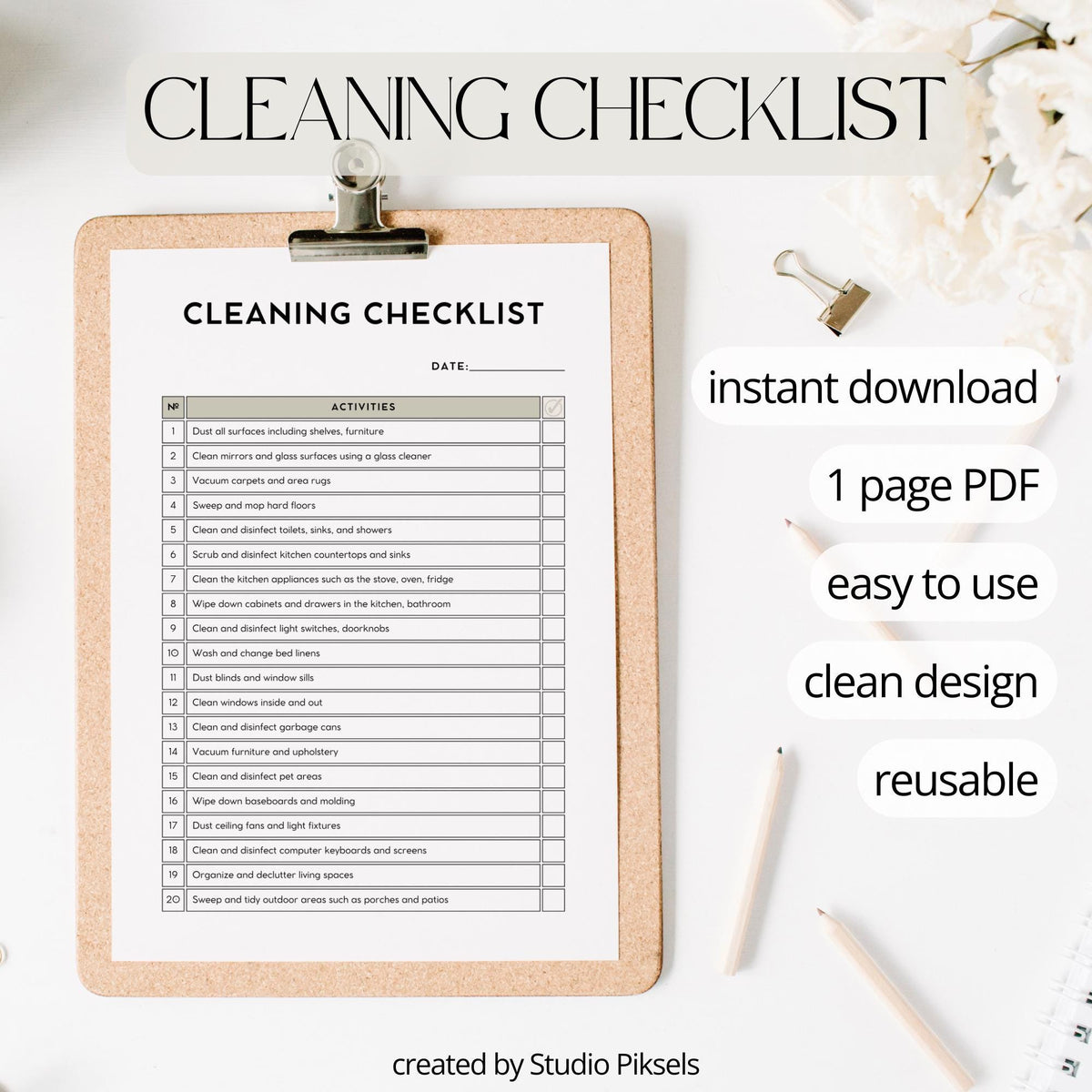 Cleaning Check List, Cleaning Tracker PDF Printable