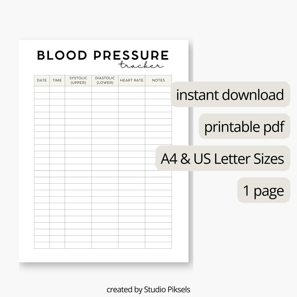Blood Pressure Log Printable PDF, Medical Tracker
