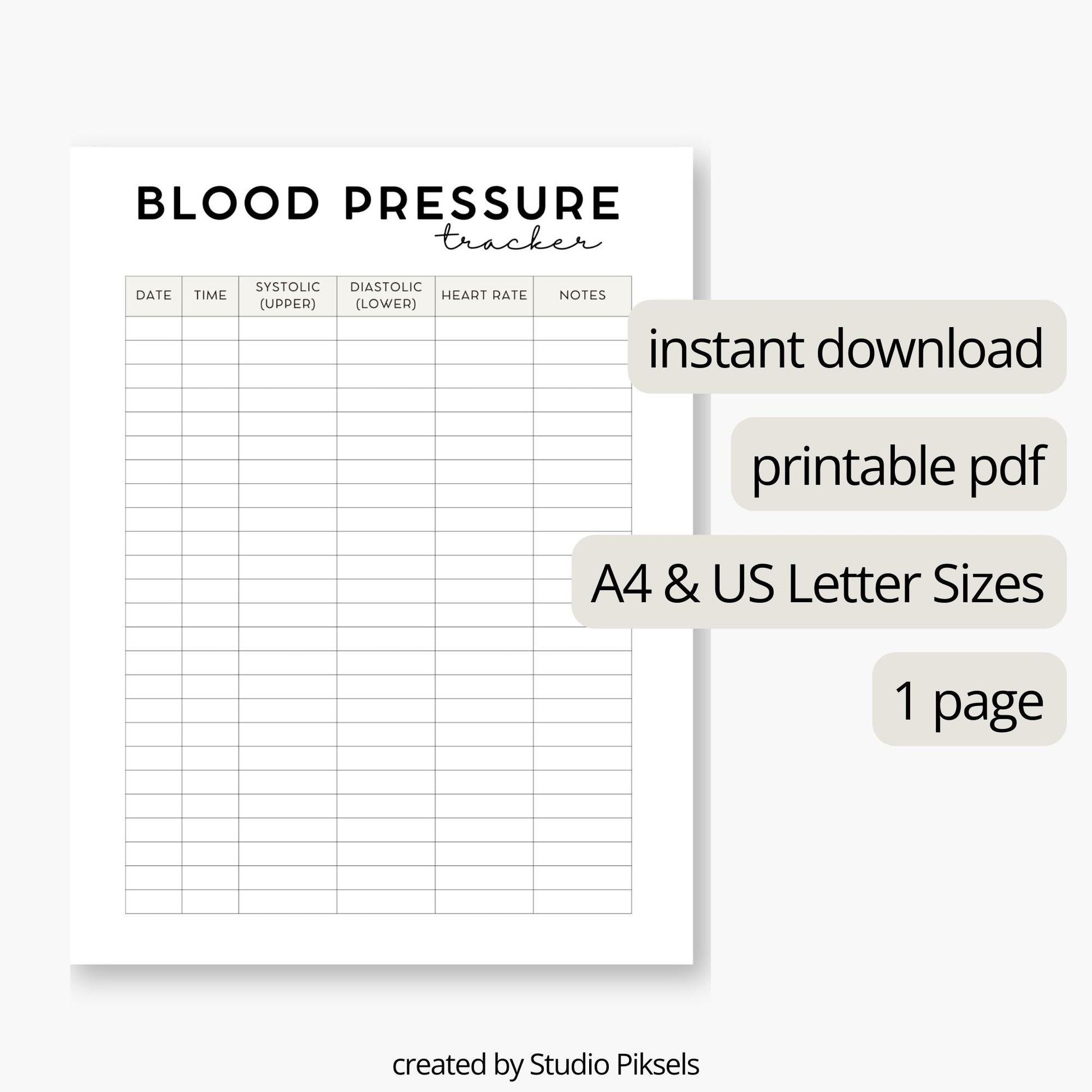 Blood Pressure Log Printable PDF, Medical Tracker