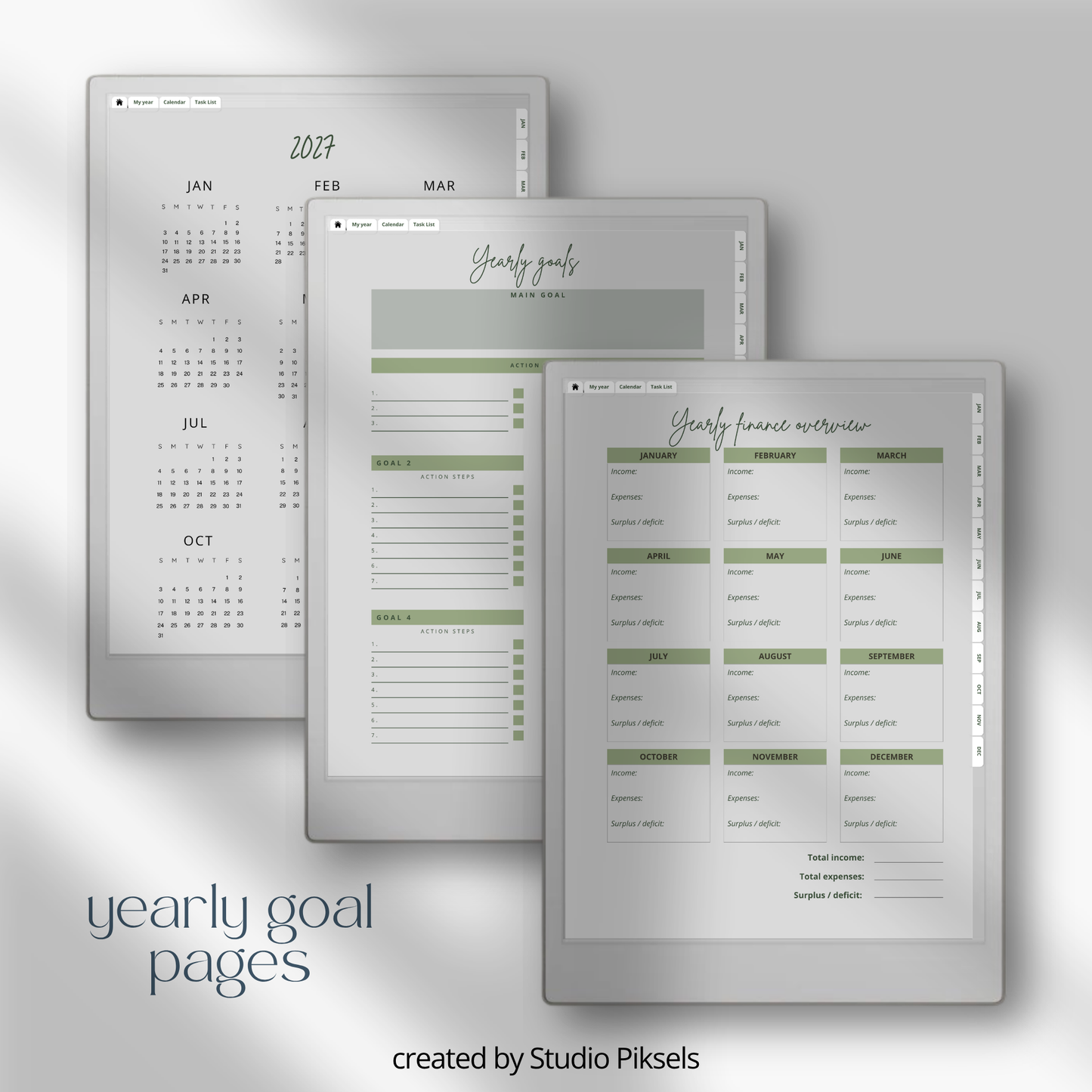 2026 + 2027 digital budget planner for reMarkable Paper Pro with budget, expense, savings, and financial goal trackers.