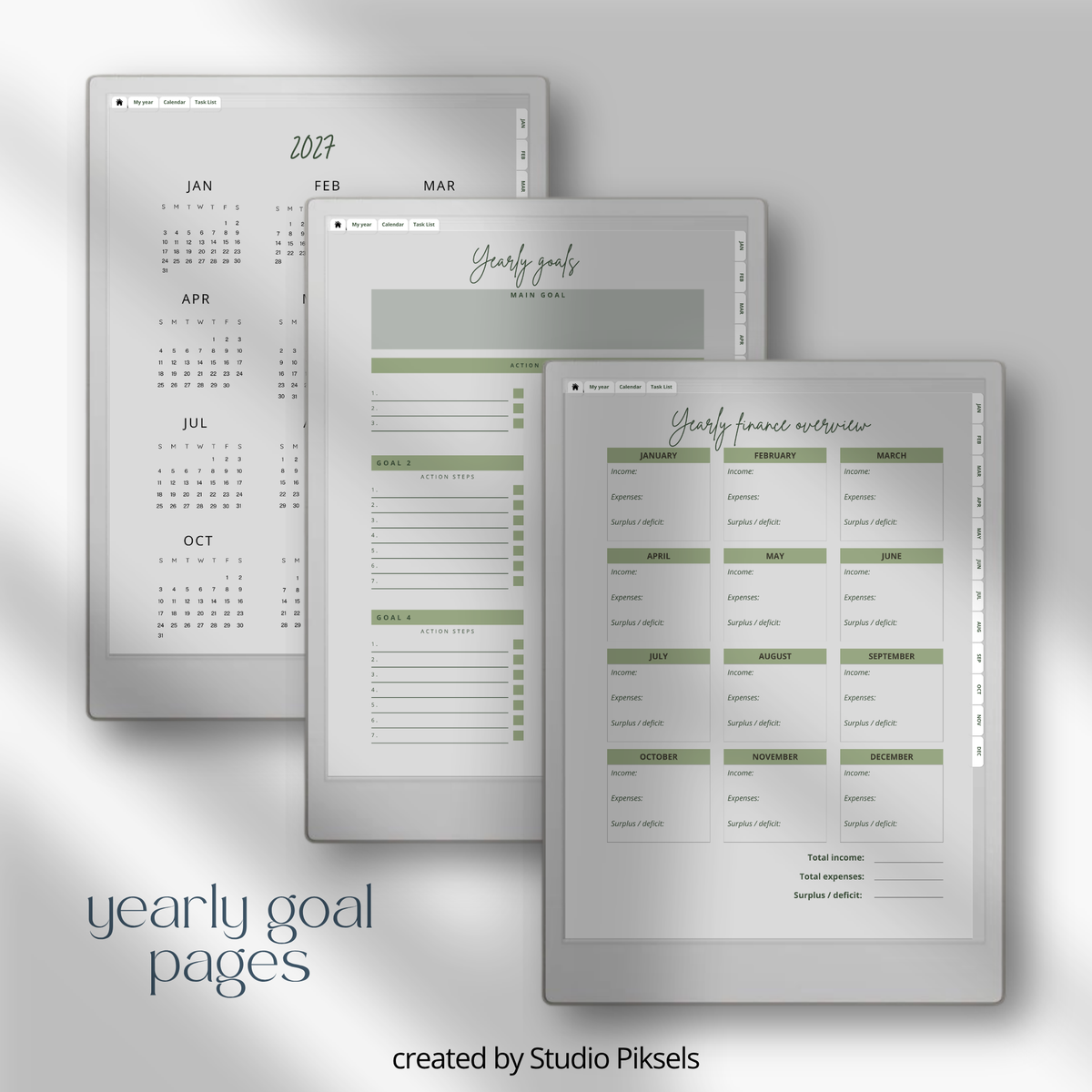 2026 + 2027 digital budget planner for reMarkable Paper Pro with budget, expense, savings, and financial goal trackers.