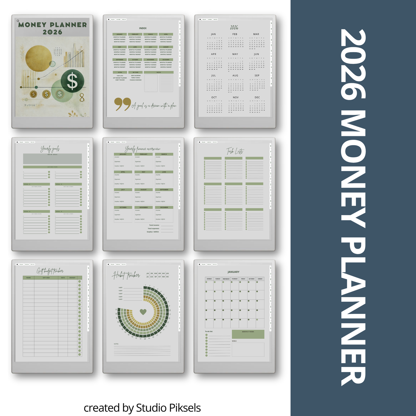 2026 + 2027 digital budget planner for reMarkable Paper Pro with budget, expense, savings, and financial goal trackers.