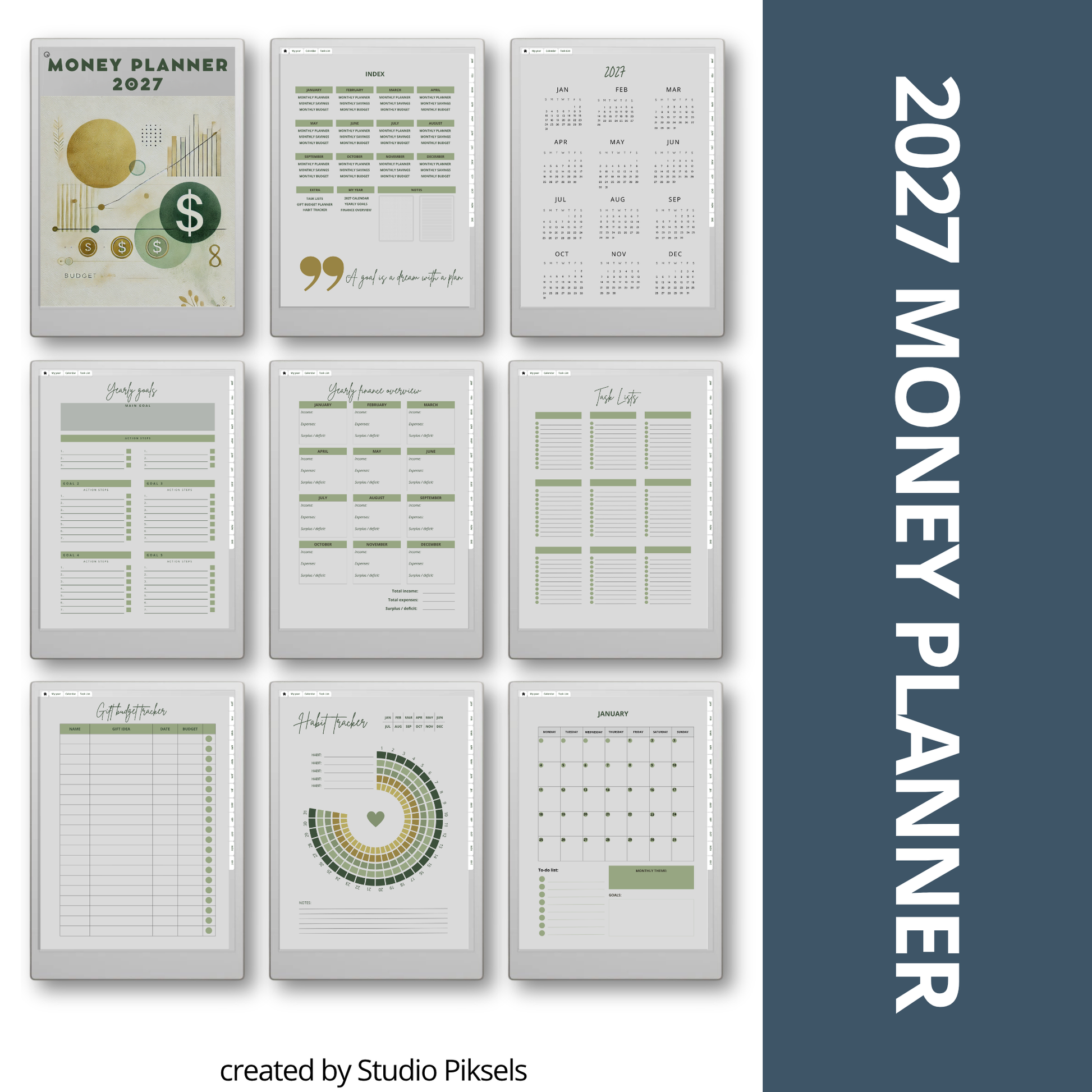 2026 + 2027 digital budget planner for reMarkable Paper Pro with budget, expense, savings, and financial goal trackers.