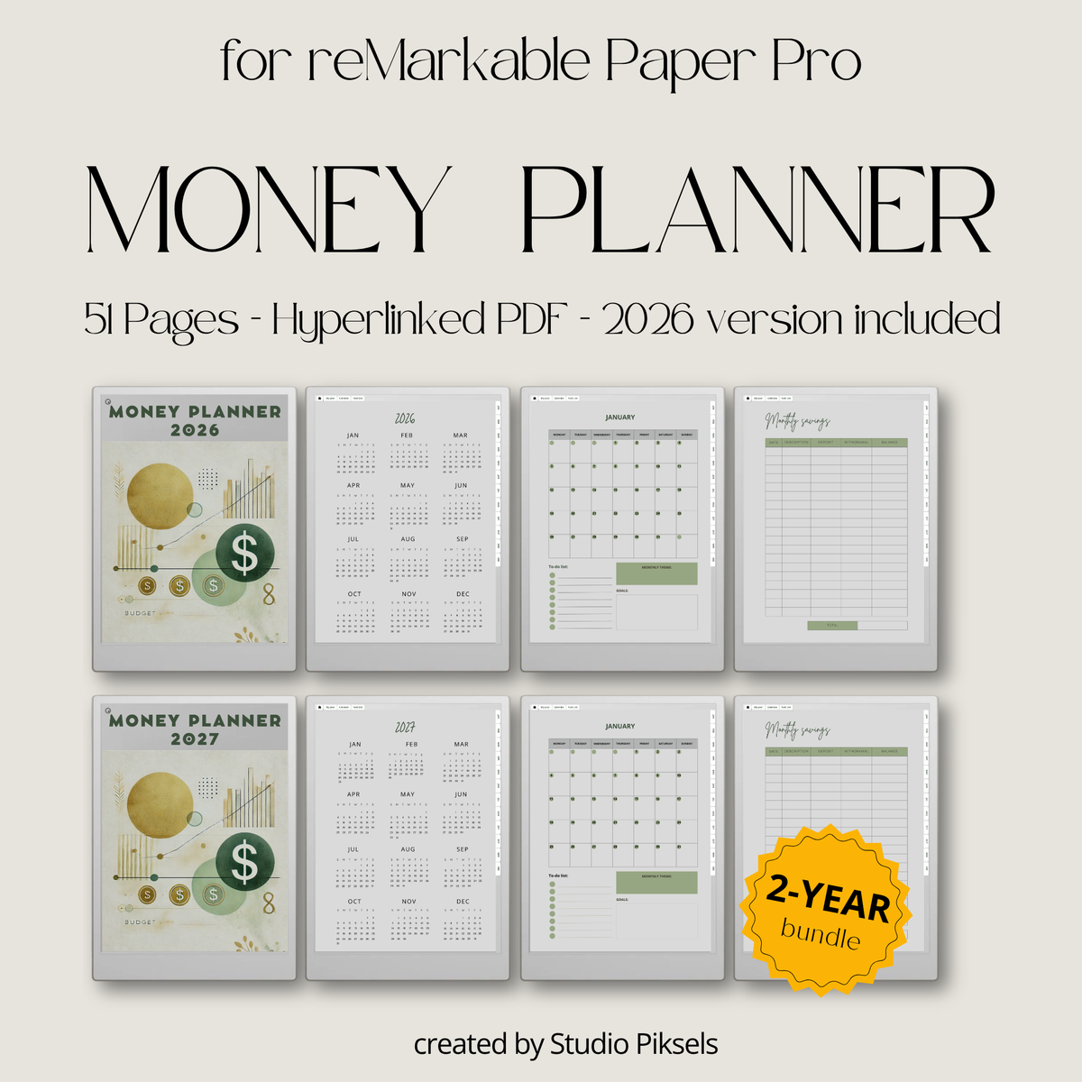 2026 + 2027 digital budget planner for reMarkable Paper Pro with budget, expense, savings, and financial goal trackers.