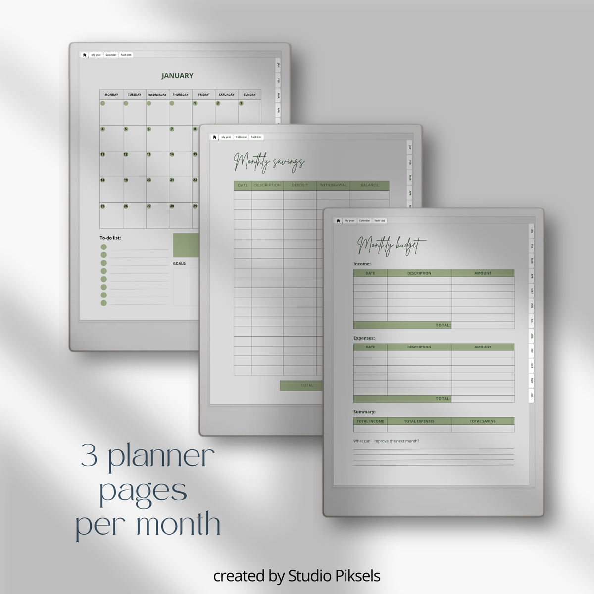 2026 + 2027 digital budget planner for reMarkable Paper Pro with budget, expense, savings, and financial goal trackers.