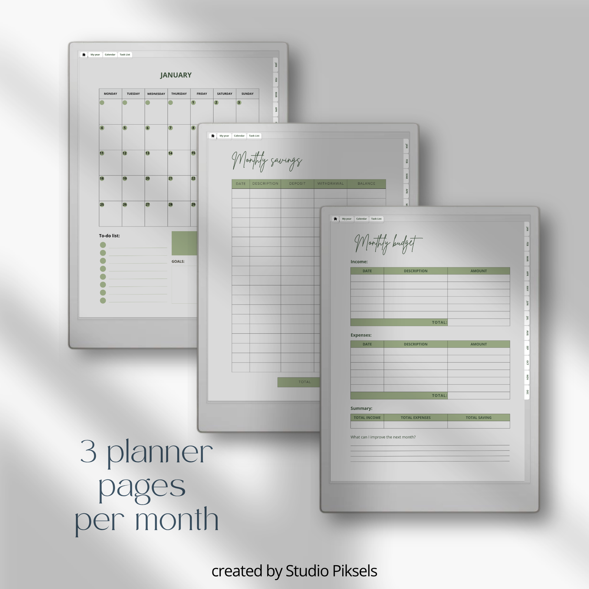 2026 + 2027 digital budget planner for reMarkable Paper Pro with budget, expense, savings, and financial goal trackers.
