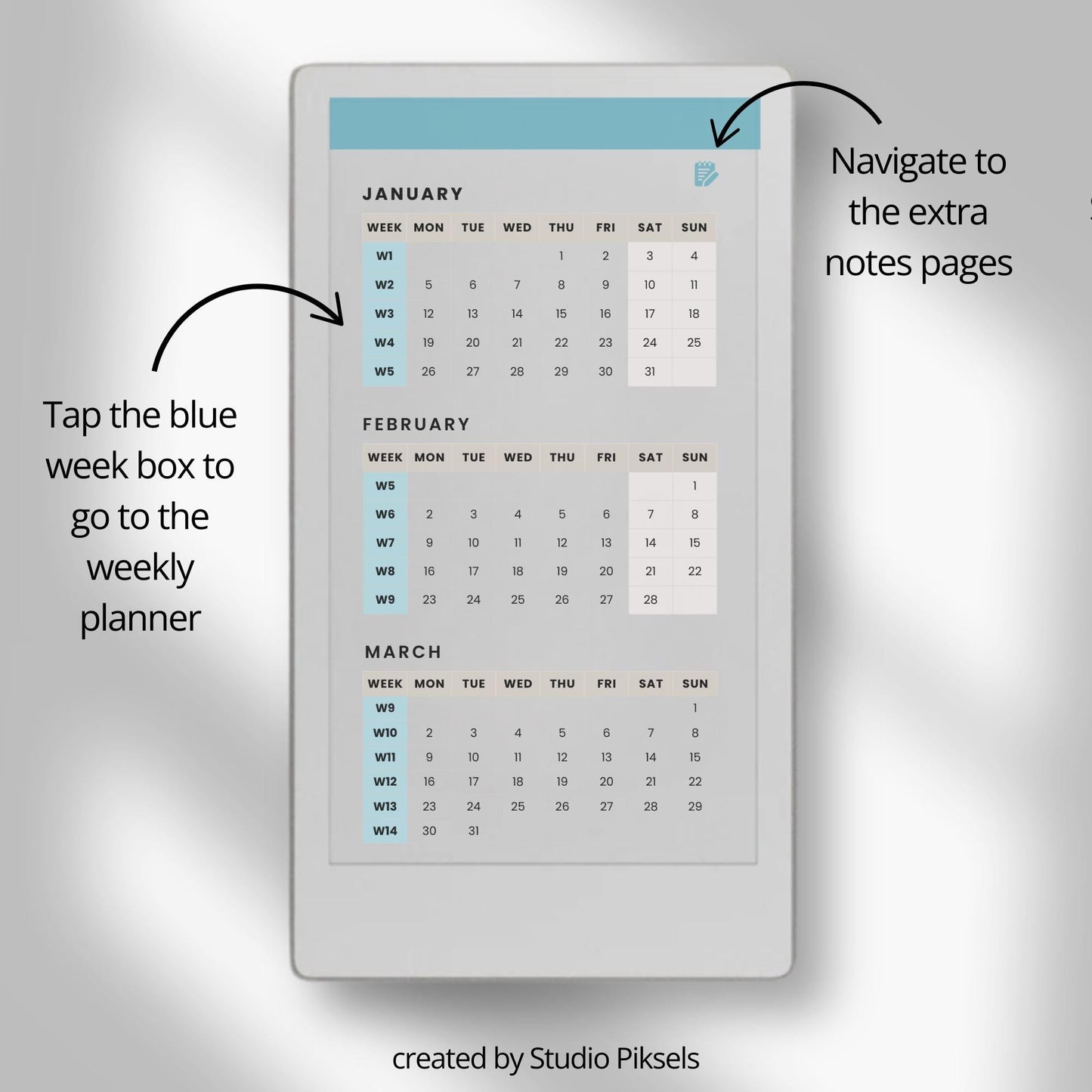 2026 Hyperlinked Weekly Planner for reMarkable Paper Pro Move