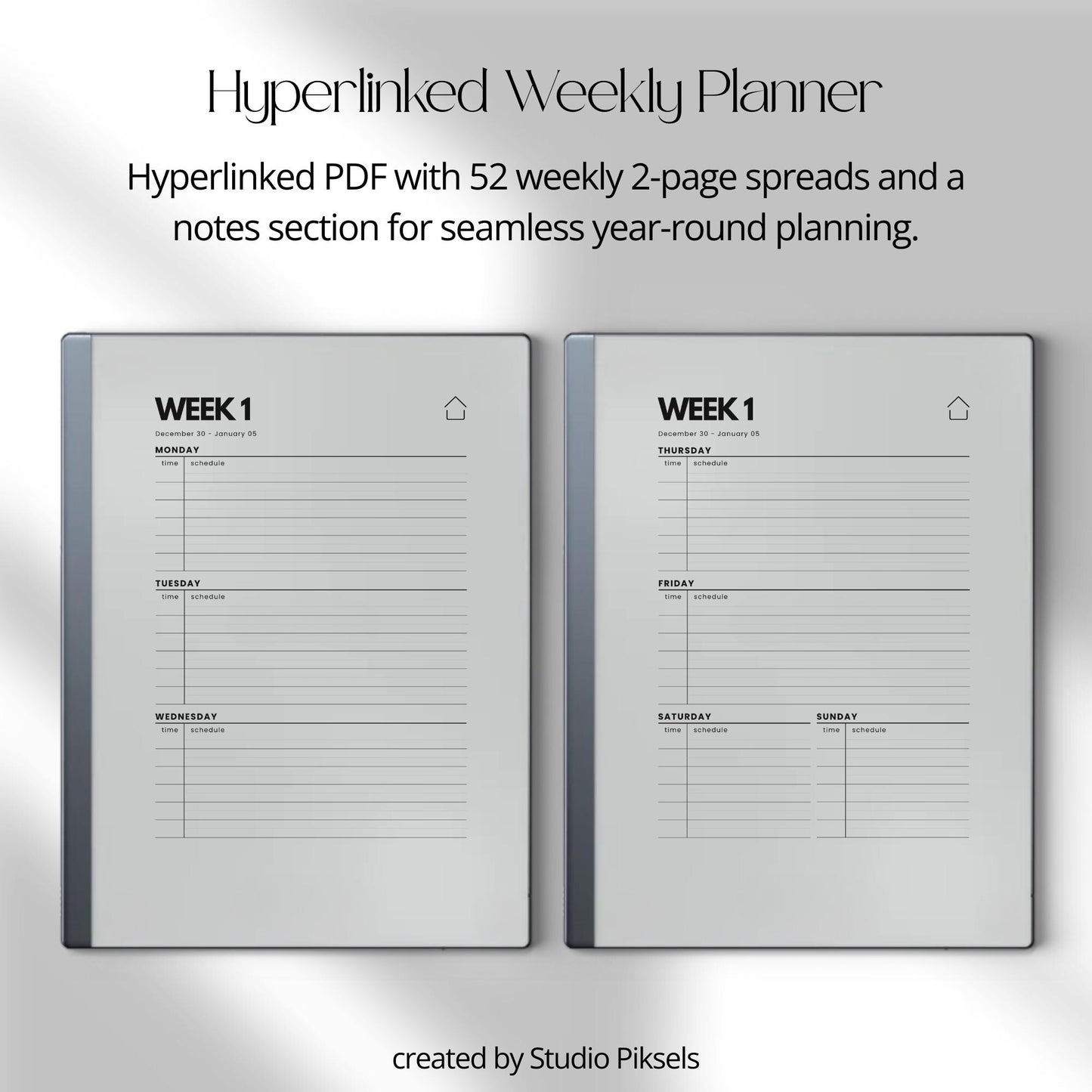 2026 + 2027 Hyperlinked Week Planner for reMarkable