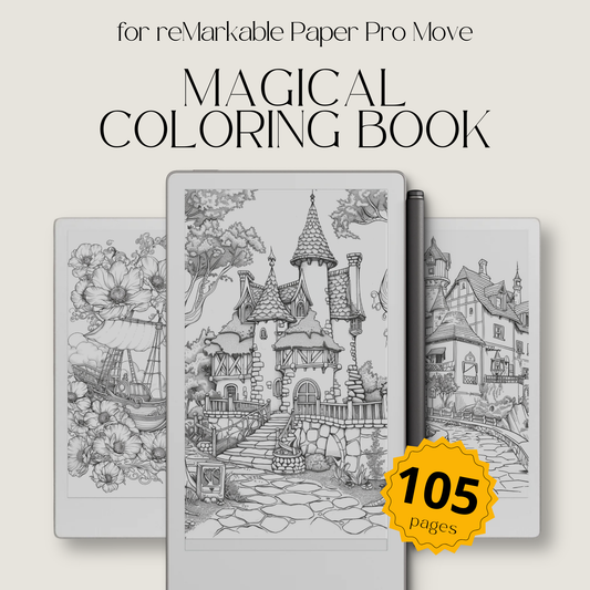 Magical Coloring Book for reMarkable Paper Pro Move with illustrations of a castle, storybook scenes and nature