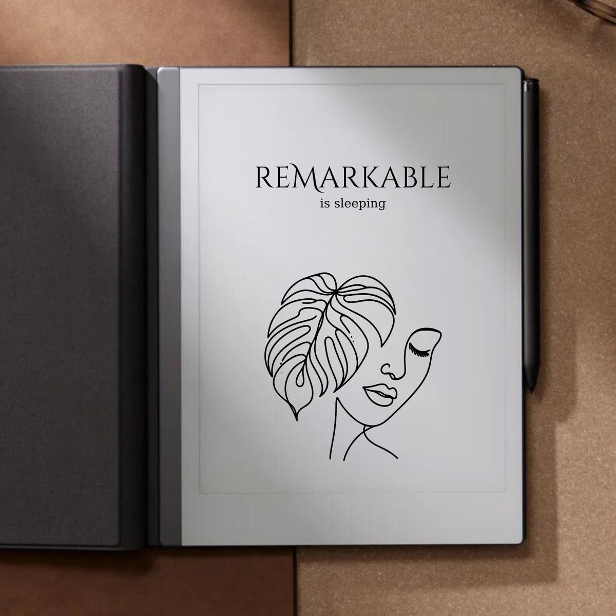 Woman with monstera sleep screen for reMarkable 2 and reMarkable Paper Pure with elegant botanical line art artwork in PNG and PDF format