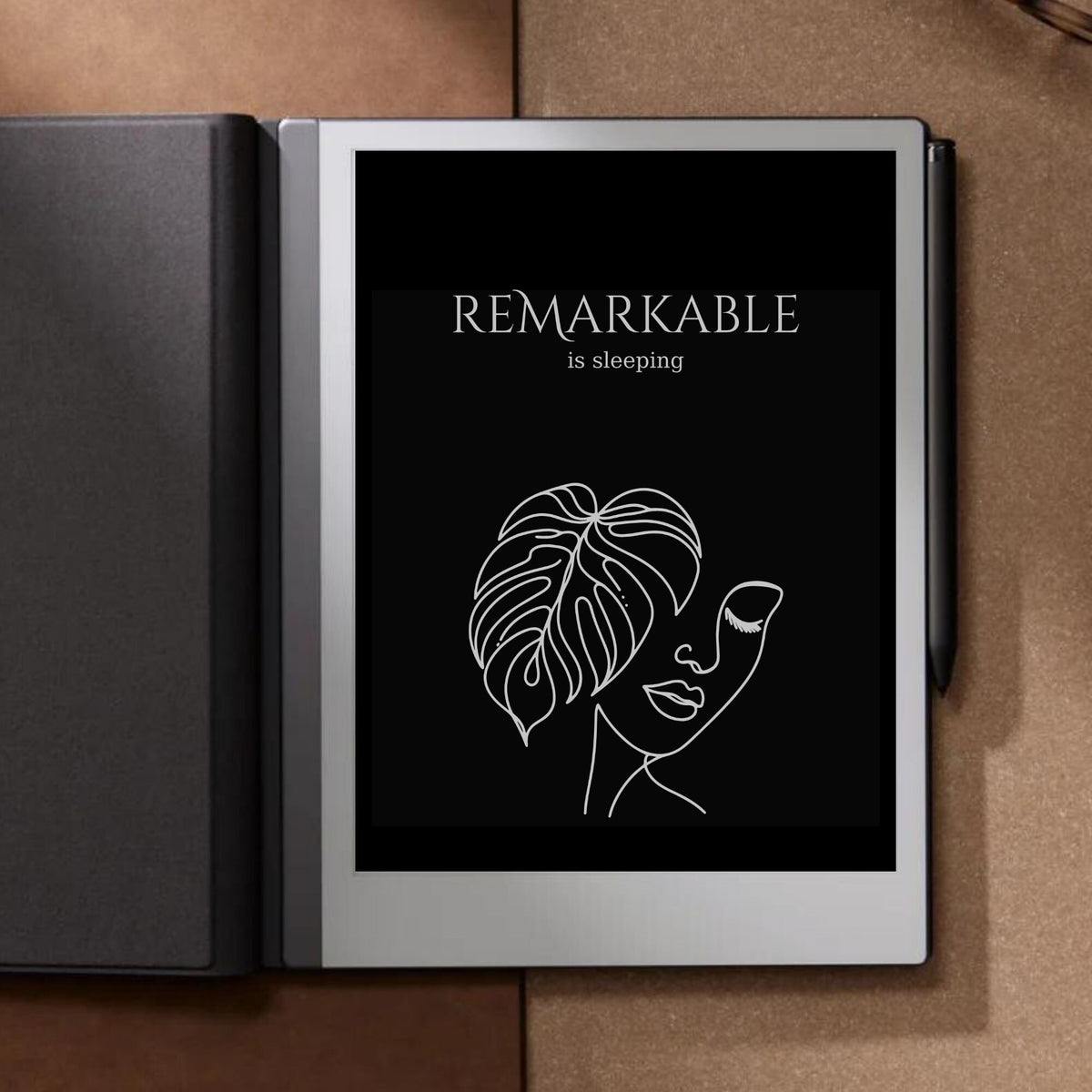 Woman with monstera sleep screen for reMarkable 2 and reMarkable Paper Pure with elegant botanical line art artwork in PNG and PDF format