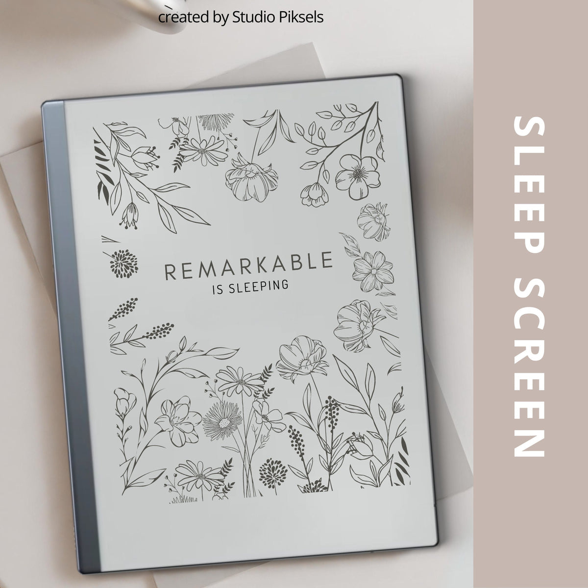 Botanical Line Art Sleep Screen for reMarkable 2 and reMarkable Paper Pure featuring minimalist monochrome botanical artwork for e-ink tablets