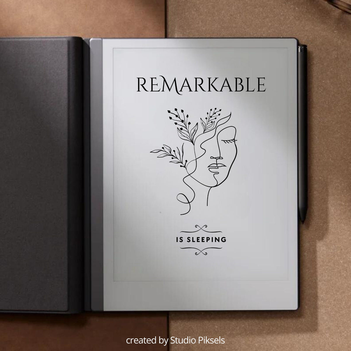 Woman face botanical sleep screen for reMarkable 2 and reMarkable Paper Pure with elegant line art botanical artwork in PNG and PDF format
