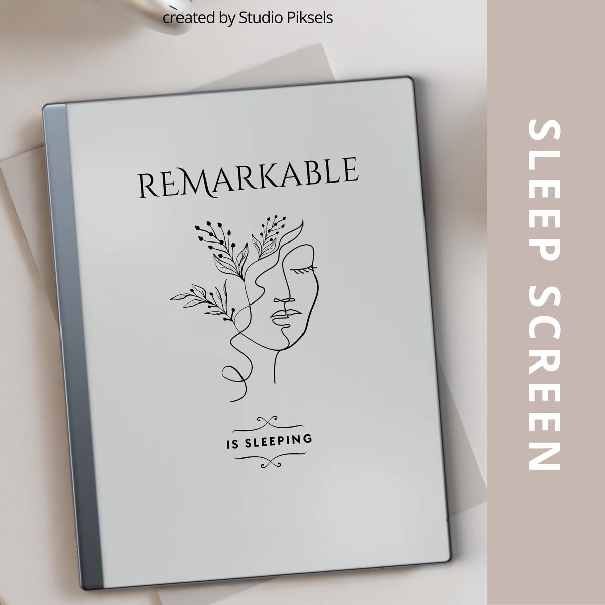 Woman face botanical sleep screen for reMarkable 2 and reMarkable Paper Pure with elegant line art botanical artwork in PNG and PDF format