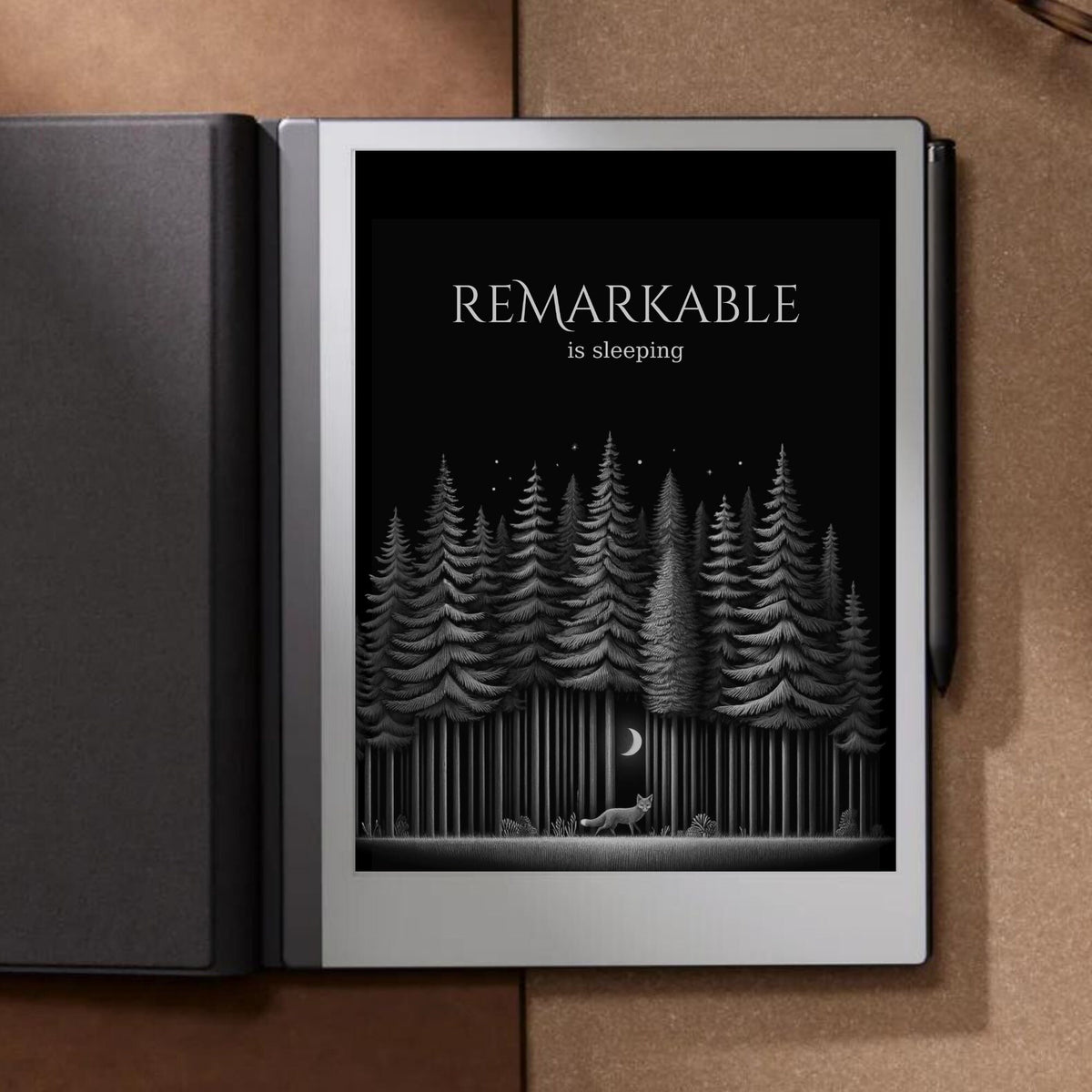 Forest and fox sleep screen for reMarkable 2 and reMarkable Paper Pure with artistic woodland and fox artwork in PNG and PDF format