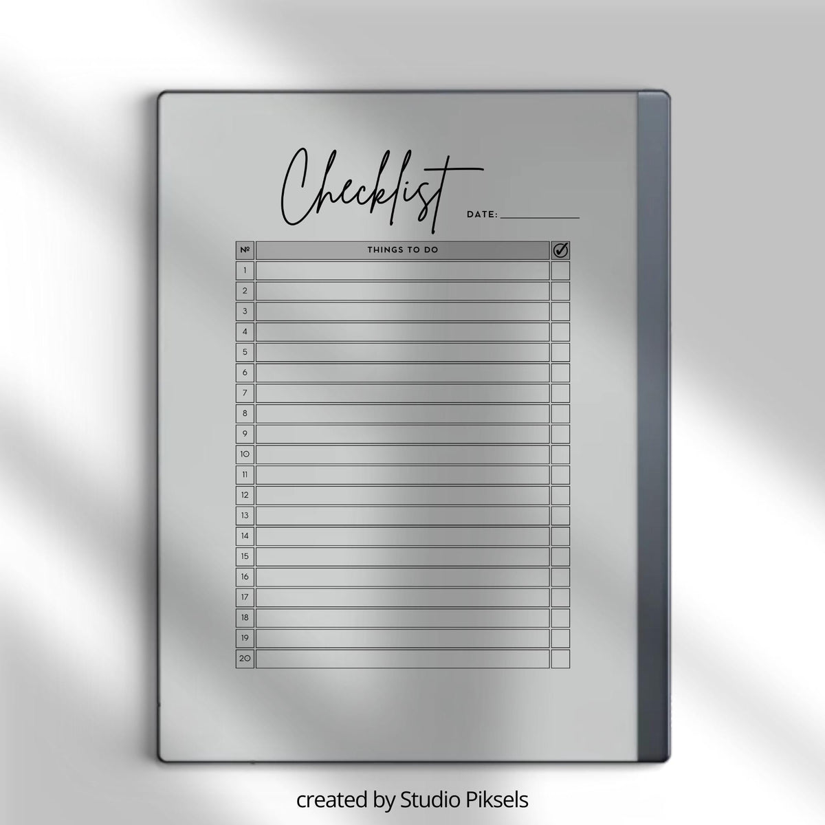 Checklist Notebook for reMarkable 2 and reMarkable Paper Pure featuring reusable digital checklist pages with minimalist task tracking and productivity layouts.