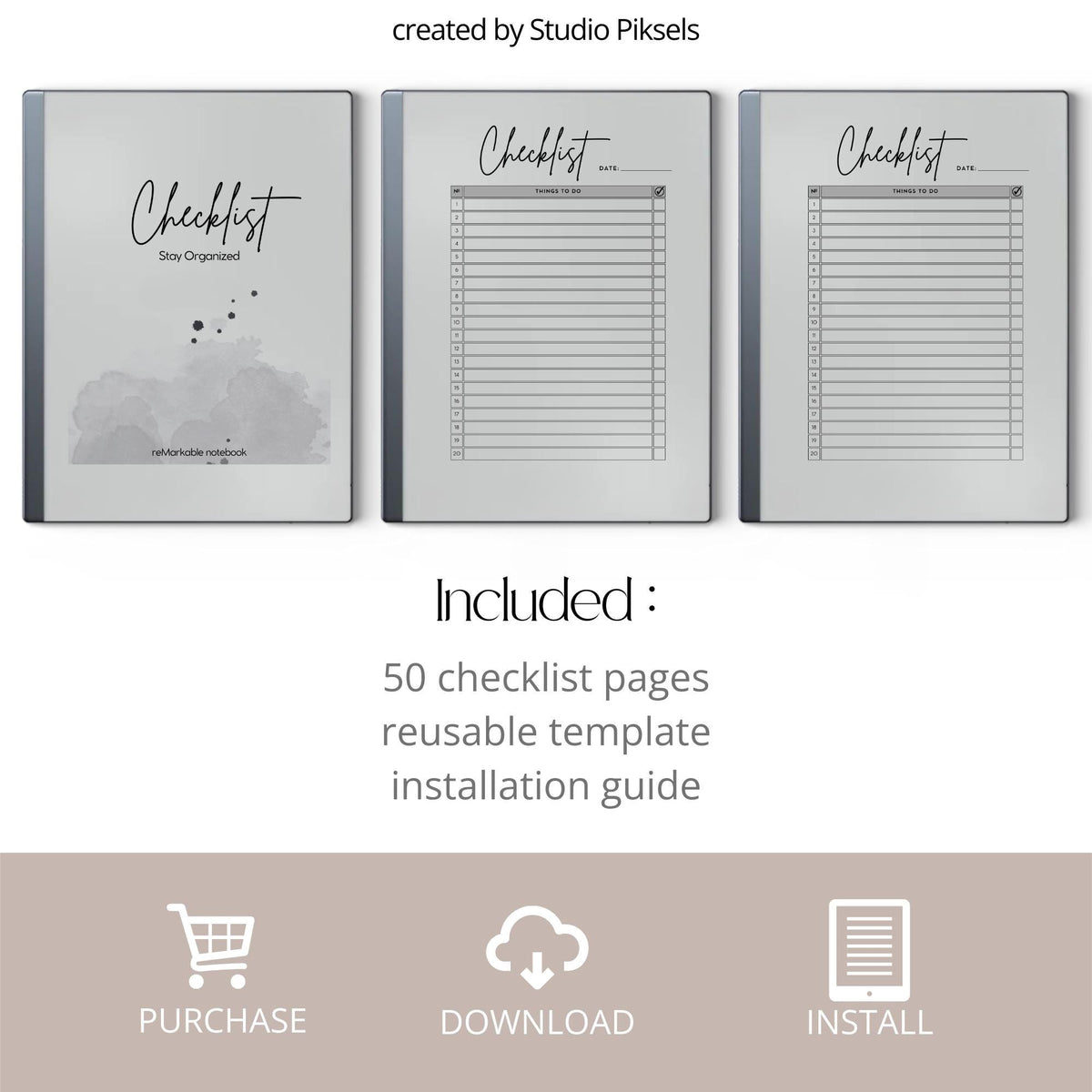 Checklist Notebook for reMarkable 2 and reMarkable Paper Pure featuring reusable digital checklist pages with minimalist task tracking and productivity layouts.