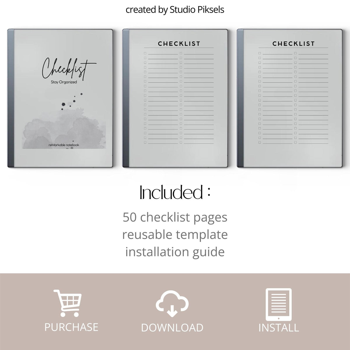 Checklist Notebook PDF for reMarkable 2 and Paper Pure with grayscale to-do list pages and minimalist task organization layout
