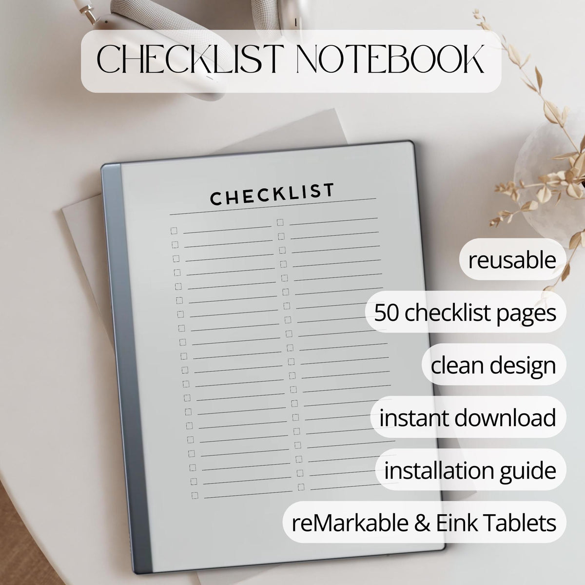 Checklist Notebook PDF for reMarkable 2 and Paper Pure with grayscale to-do list pages and minimalist task organization layout
