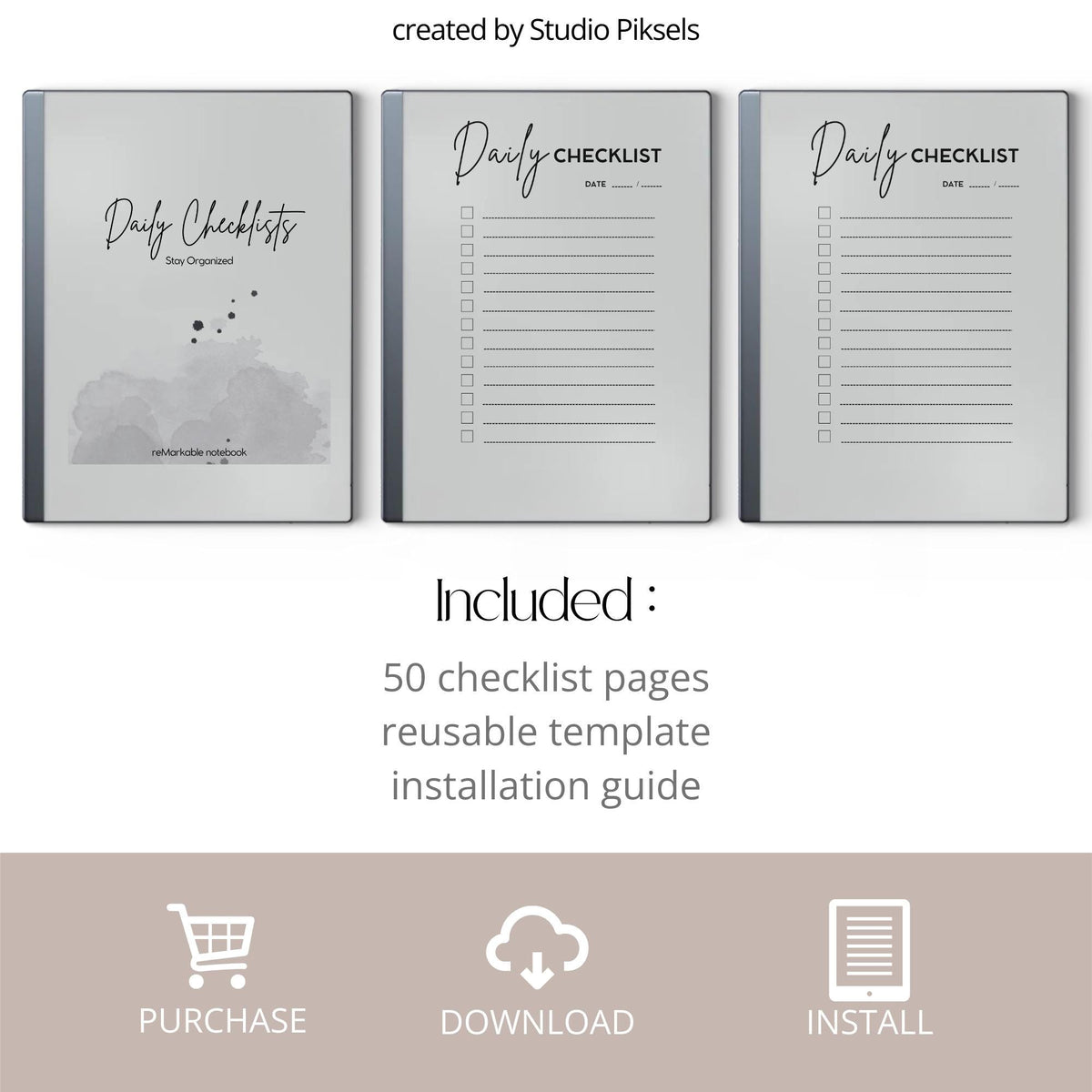 Checklist Notebook for reMarkable 2 and reMarkable Paper Pure featuring 50 reusable digital checklist pages with minimalist task management layouts.