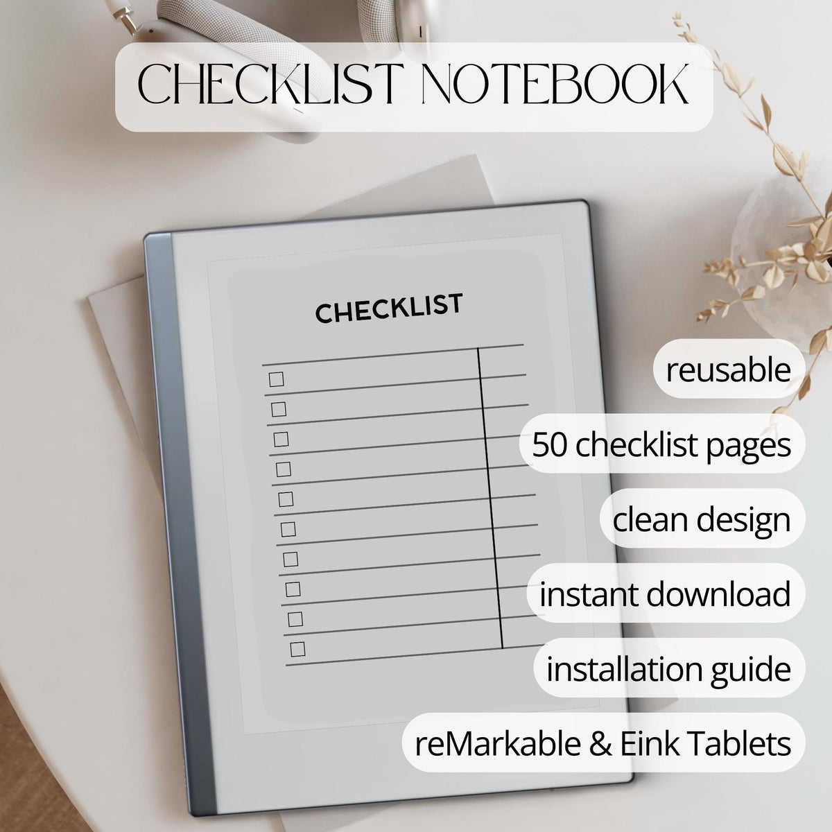 Minimalist checklist notebook for reMarkable 2 and Paper Pure with 50 reusable pages for task management, productivity planning, and daily to-do lists