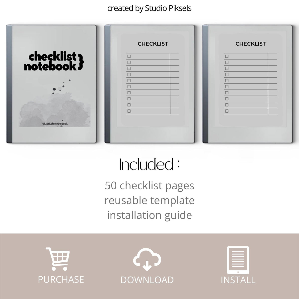Minimalist checklist notebook for reMarkable 2 and Paper Pure with 50 reusable pages for task management, productivity planning, and daily to-do lists