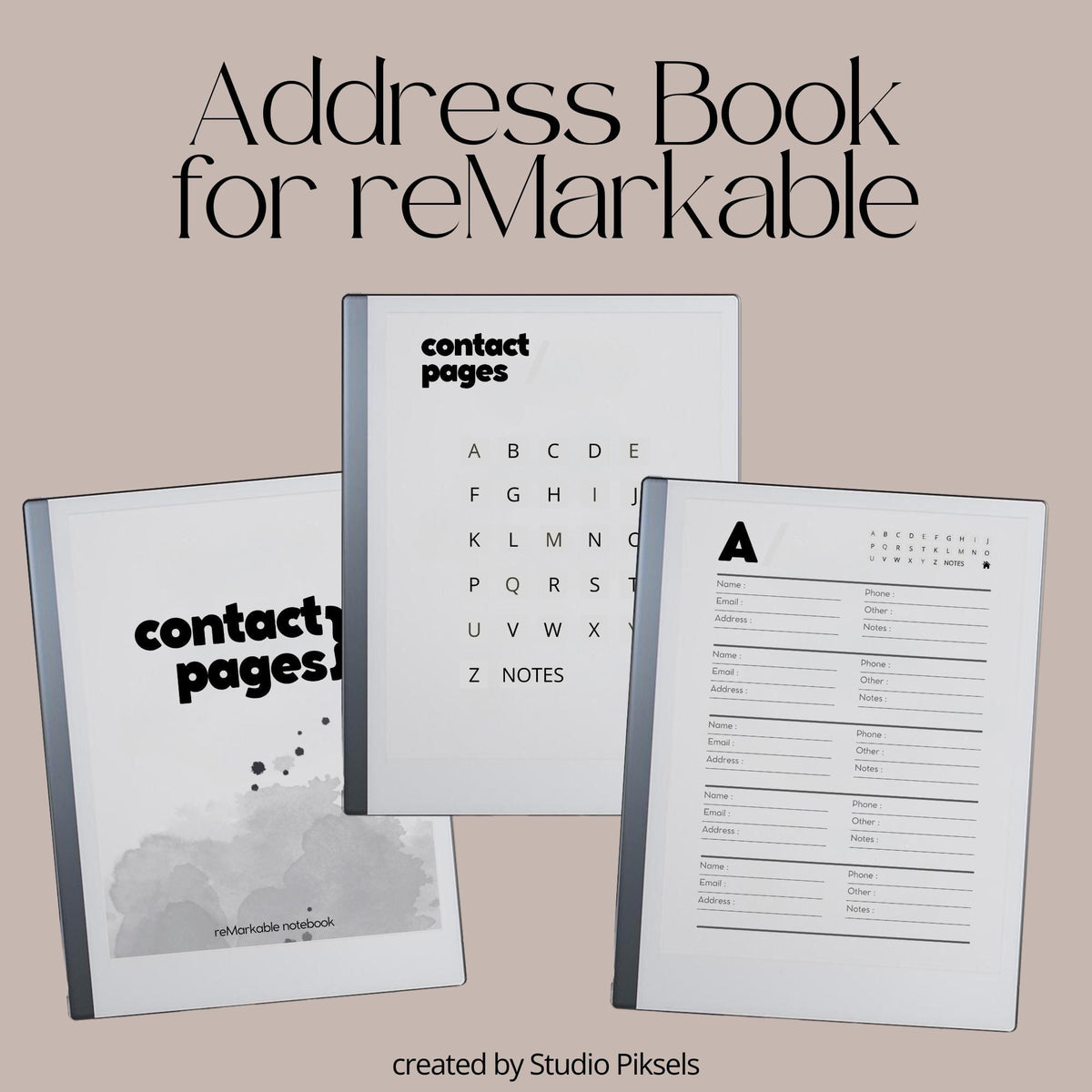 Address Book PDF for reMarkable 2 and Paper Pure with grayscale contact pages and hyperlinked digital address book layout