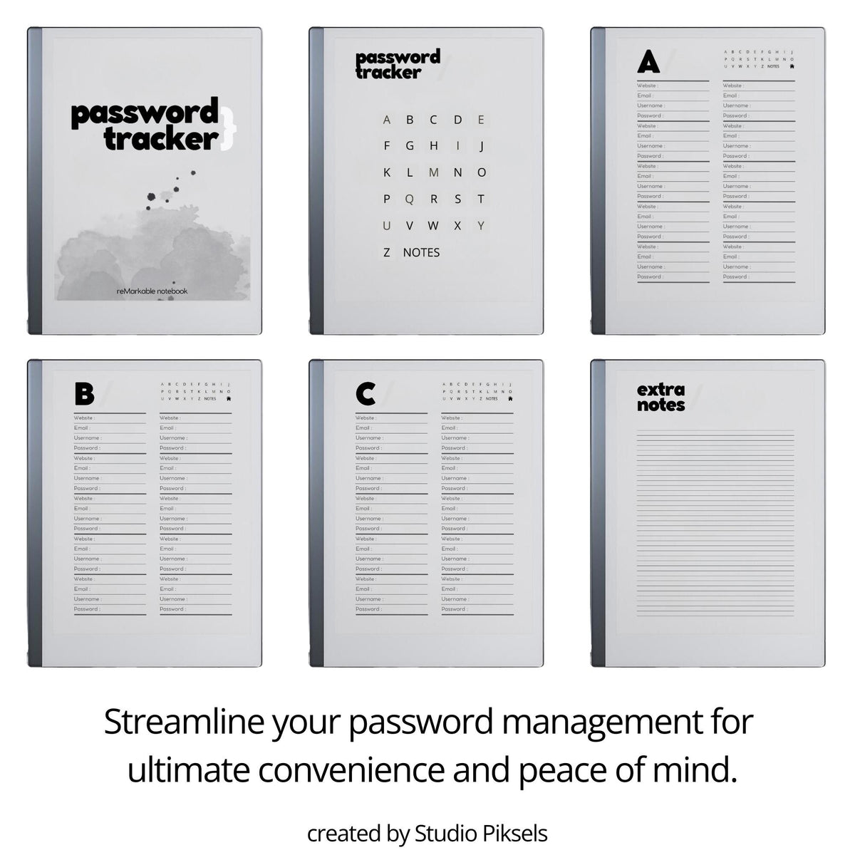 Password Tracker for reMarkable digital product preview.