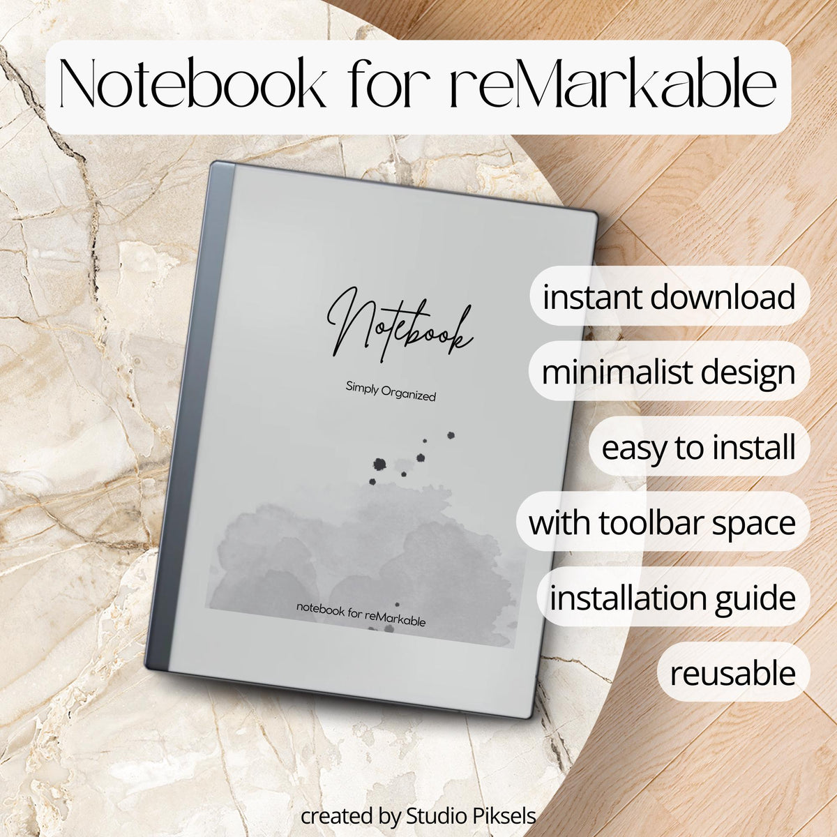 Minimalist Notebook for reMarkable featuring a clean digital PDF layout with 100 note pages, simple writing space, high-resolution design, reusable format, and sections for everyday notes, journaling, study notes, meeting notes, planning, and personal organization.