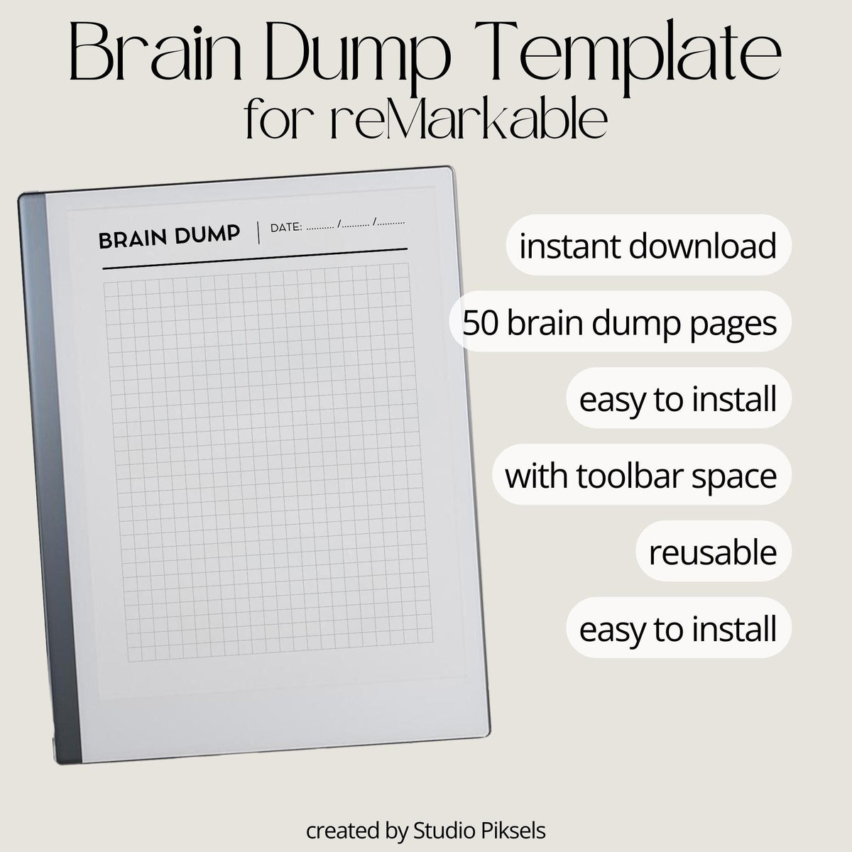Brain Dump Notebook for reMarkable 2 and reMarkable Paper Pure featuring 50 minimalist grid notebook pages for brainstorming, planning, and digital note-taking