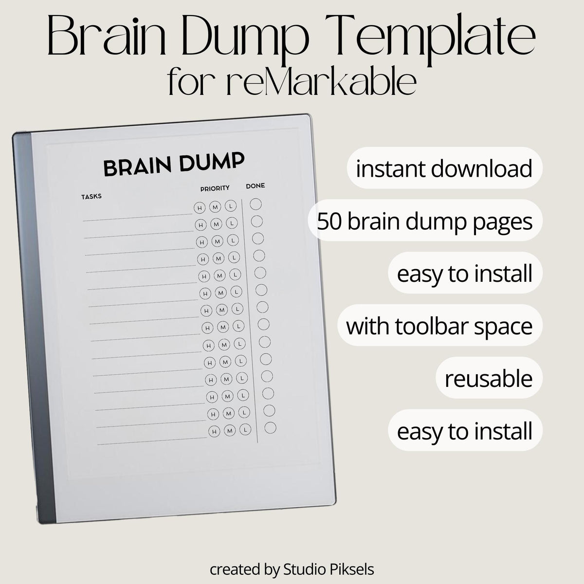 Brain Dump Notebook for reMarkable 2 and reMarkable Paper Pure featuring structured productivity pages with task lists, checkboxes, and minimalist digital planning layouts