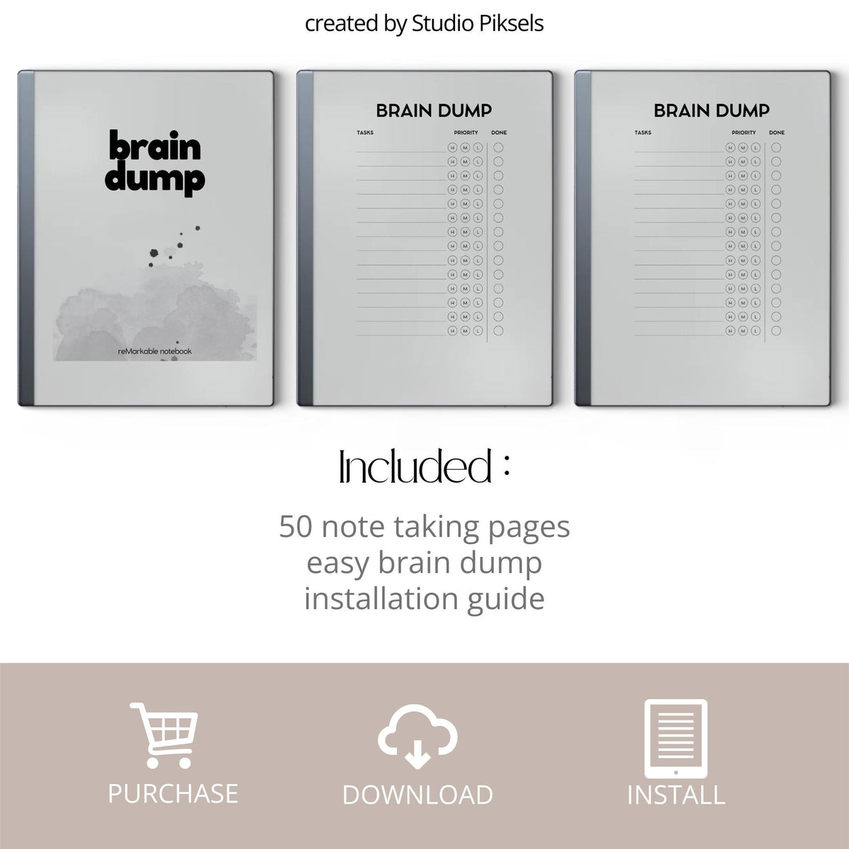 Brain Dump Notebook for reMarkable 2 and reMarkable Paper Pure featuring structured productivity pages with task lists, checkboxes, and minimalist digital planning layouts