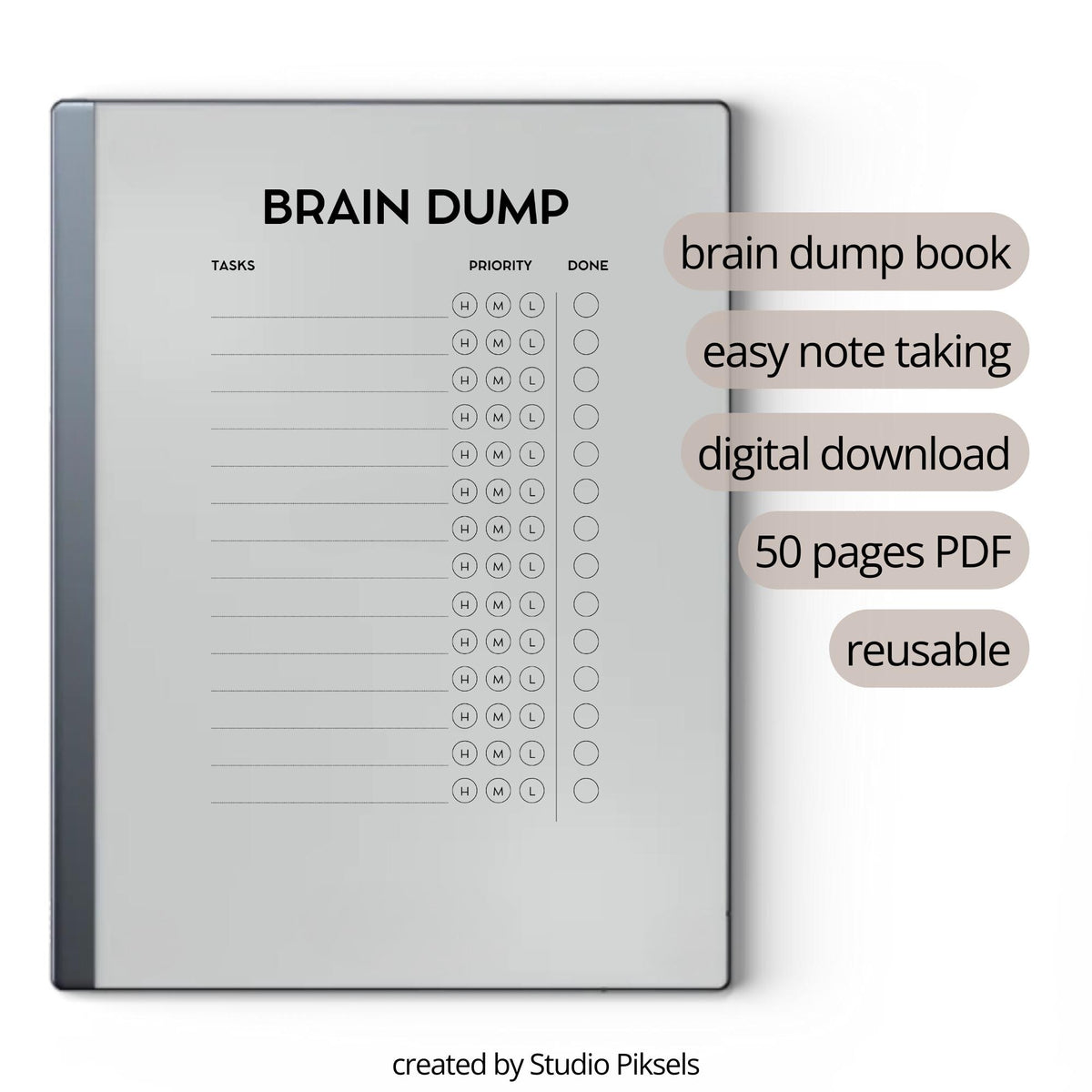 Brain Dump Notebook for reMarkable 2 and reMarkable Paper Pure featuring structured productivity pages with task lists, checkboxes, and minimalist digital planning layouts
