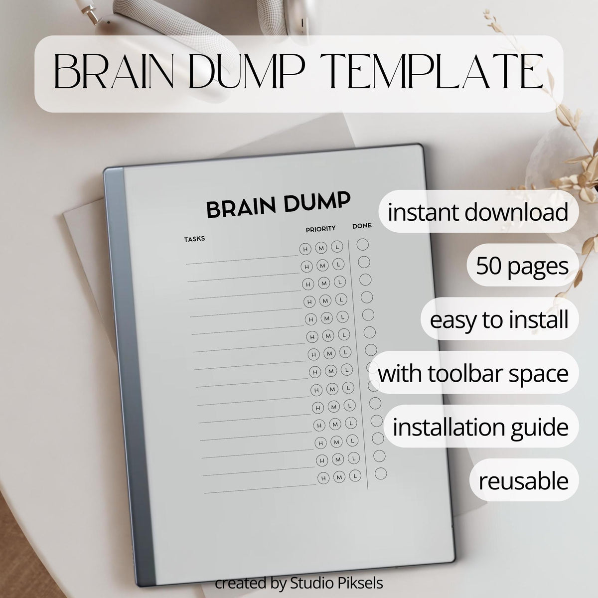Brain Dump Notebook for reMarkable 2 and reMarkable Paper Pure featuring structured productivity pages with task lists, checkboxes, and minimalist digital planning layouts