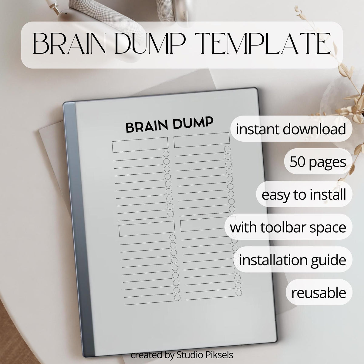 Brain Dump Notebook for reMarkable Paper Pure and reMarkable 2 with customizable checklist sections and productivity pages