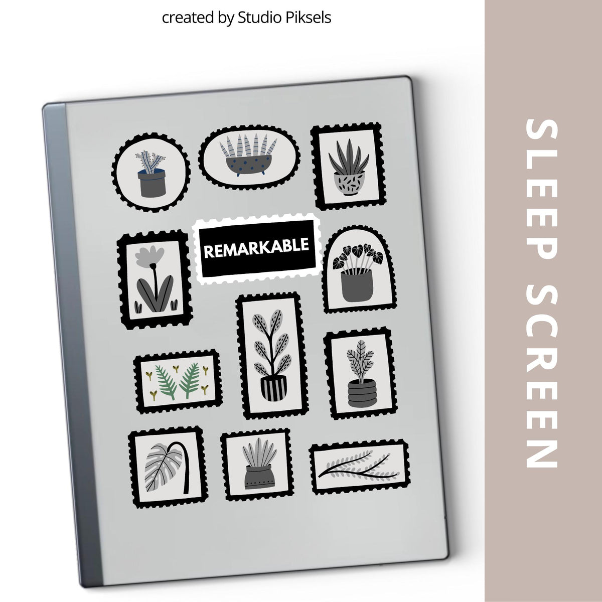 Cheerful potted plants sleep screen for reMarkable 2 and reMarkable Paper Pure with cozy botanical plant artwork in PNG and PDF format