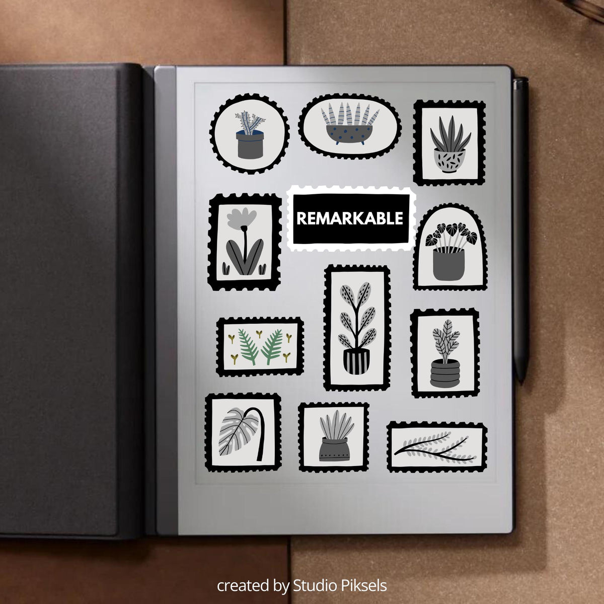 Cheerful potted plants sleep screen for reMarkable 2 and reMarkable Paper Pure with cozy botanical plant artwork in PNG and PDF format