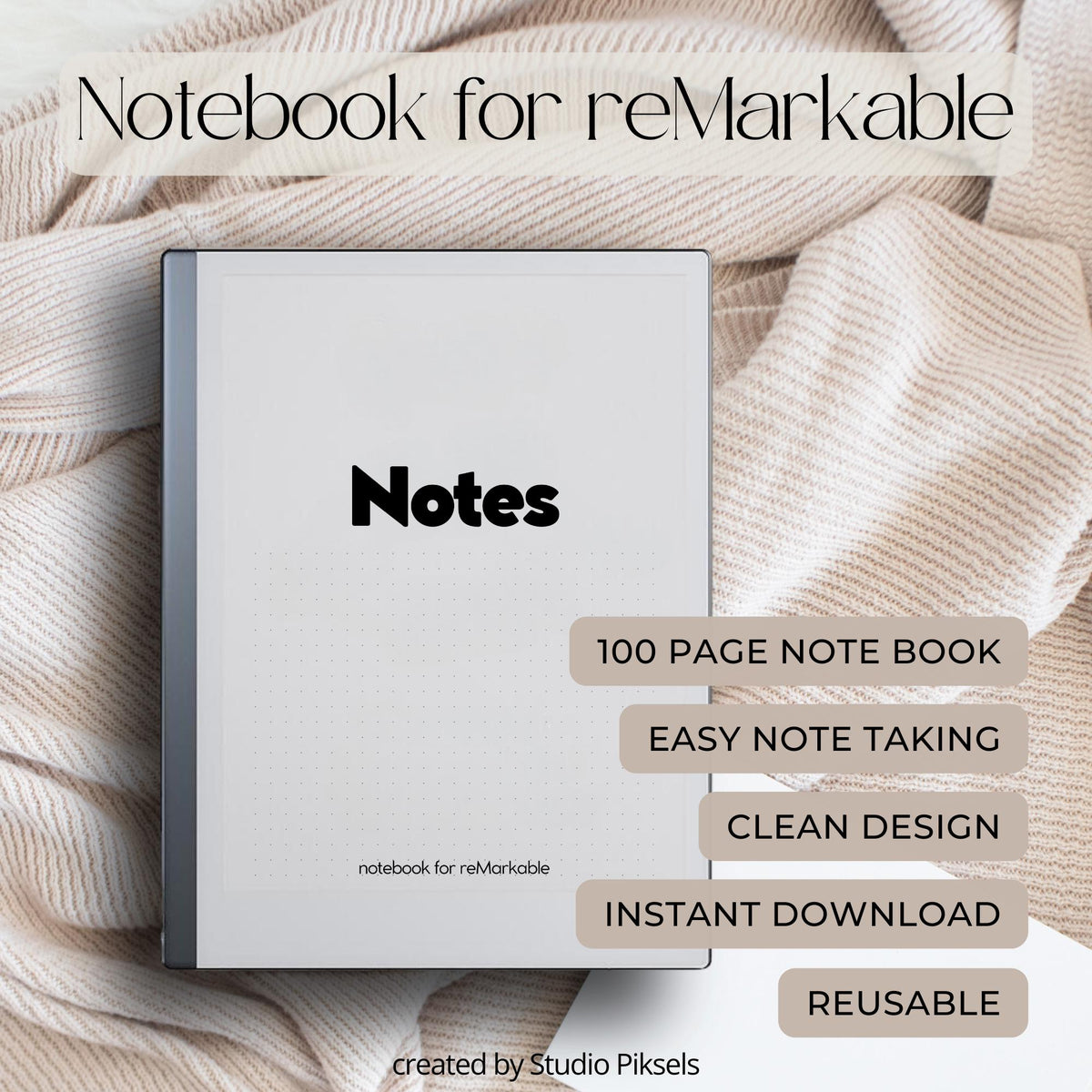 Minimalist dotted grid notebook for reMarkable 2 and Paper Pure with 100 reusable pages for note-taking, journaling, brainstorming, and planning