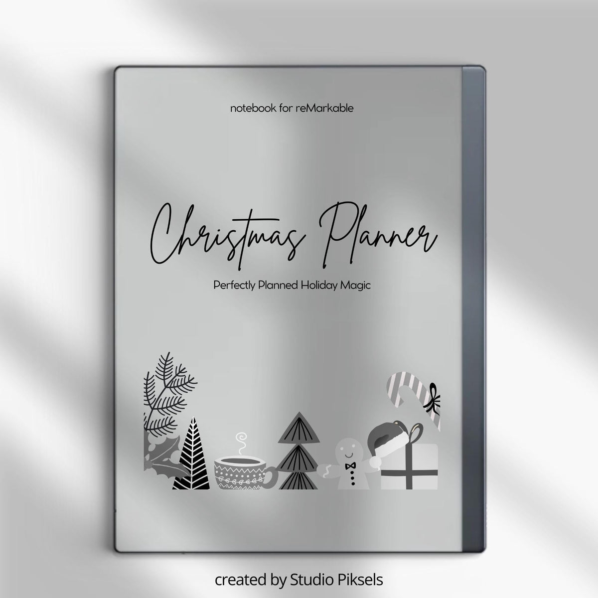 Christmas Planner for reMarkable 2 and reMarkable Paper Pure featuring holiday planning pages, meal prep layouts, grocery lists, advent calendar, and festive digital organization templates