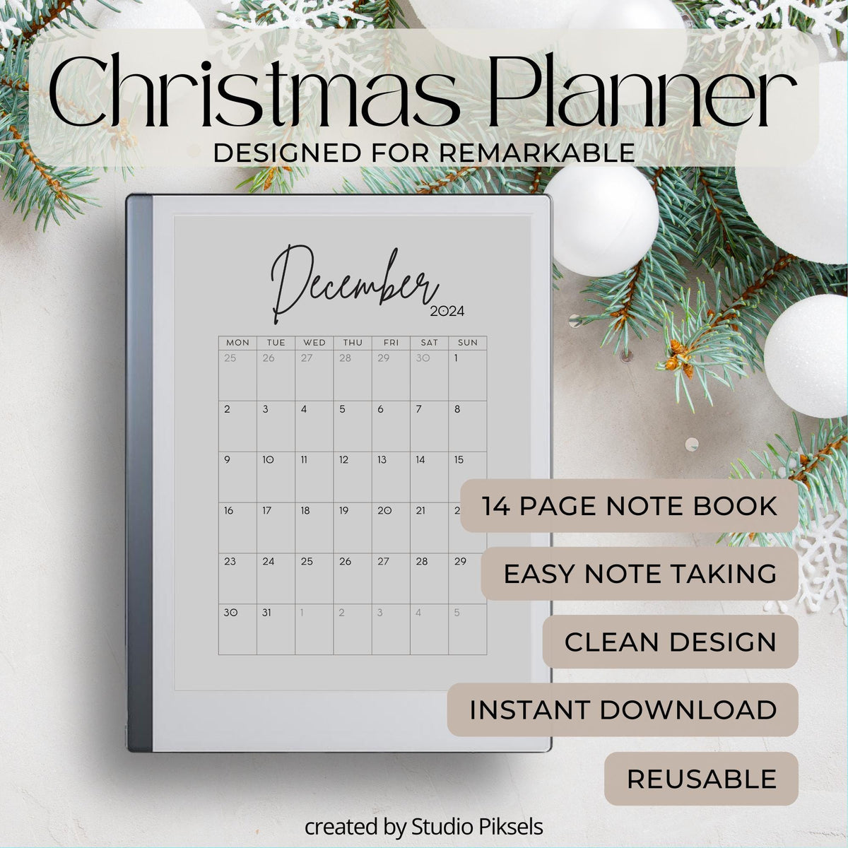 Christmas Planner for reMarkable 2 and reMarkable Paper Pure featuring holiday planning pages, meal prep layouts, grocery lists, advent calendar, and festive digital organization templates
