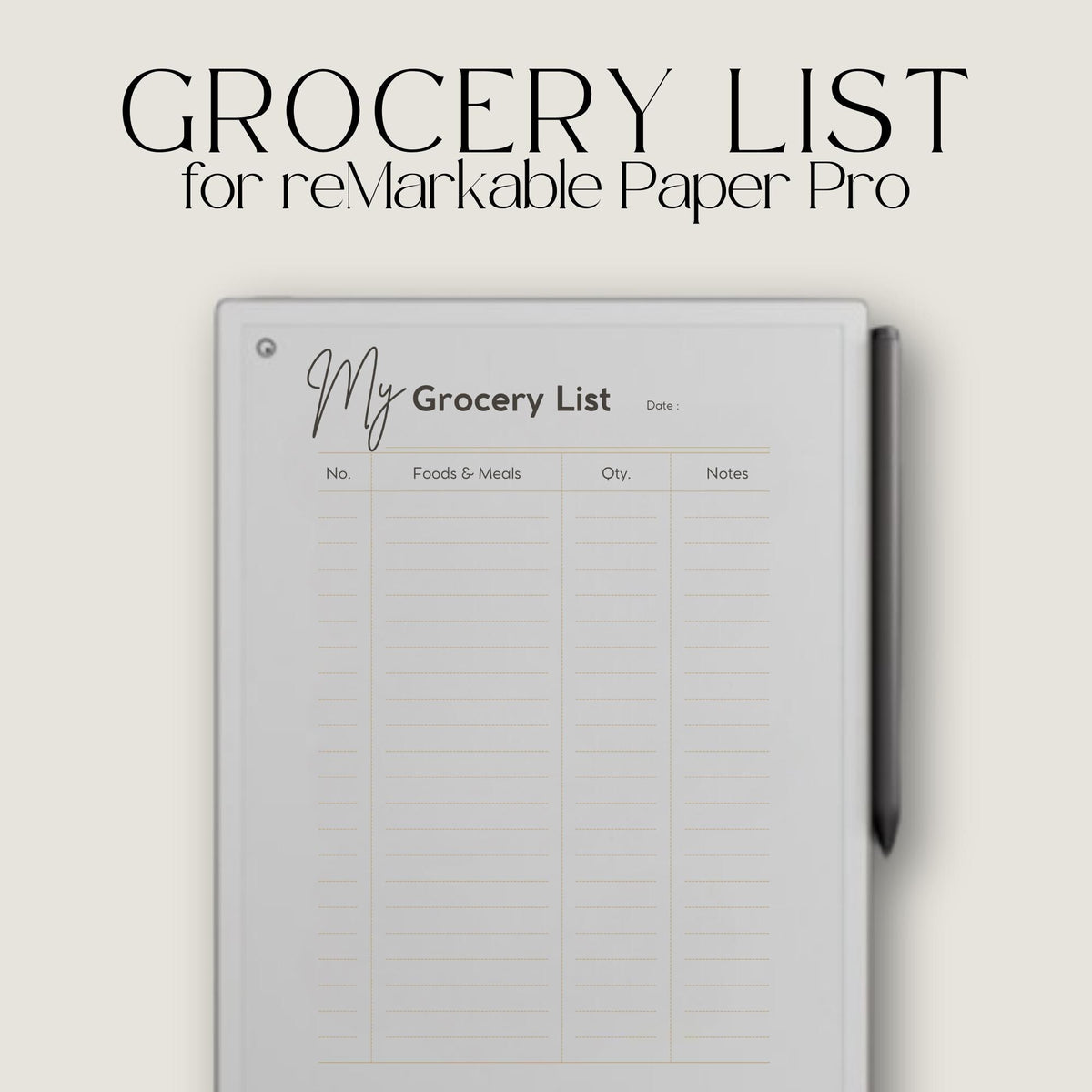Grocery List Notebook for reMarkable Paper Pro with reusable shopping list pages, meal planning layouts, grocery organization templates, and minimalist digital notebook pages for E Ink tablets.