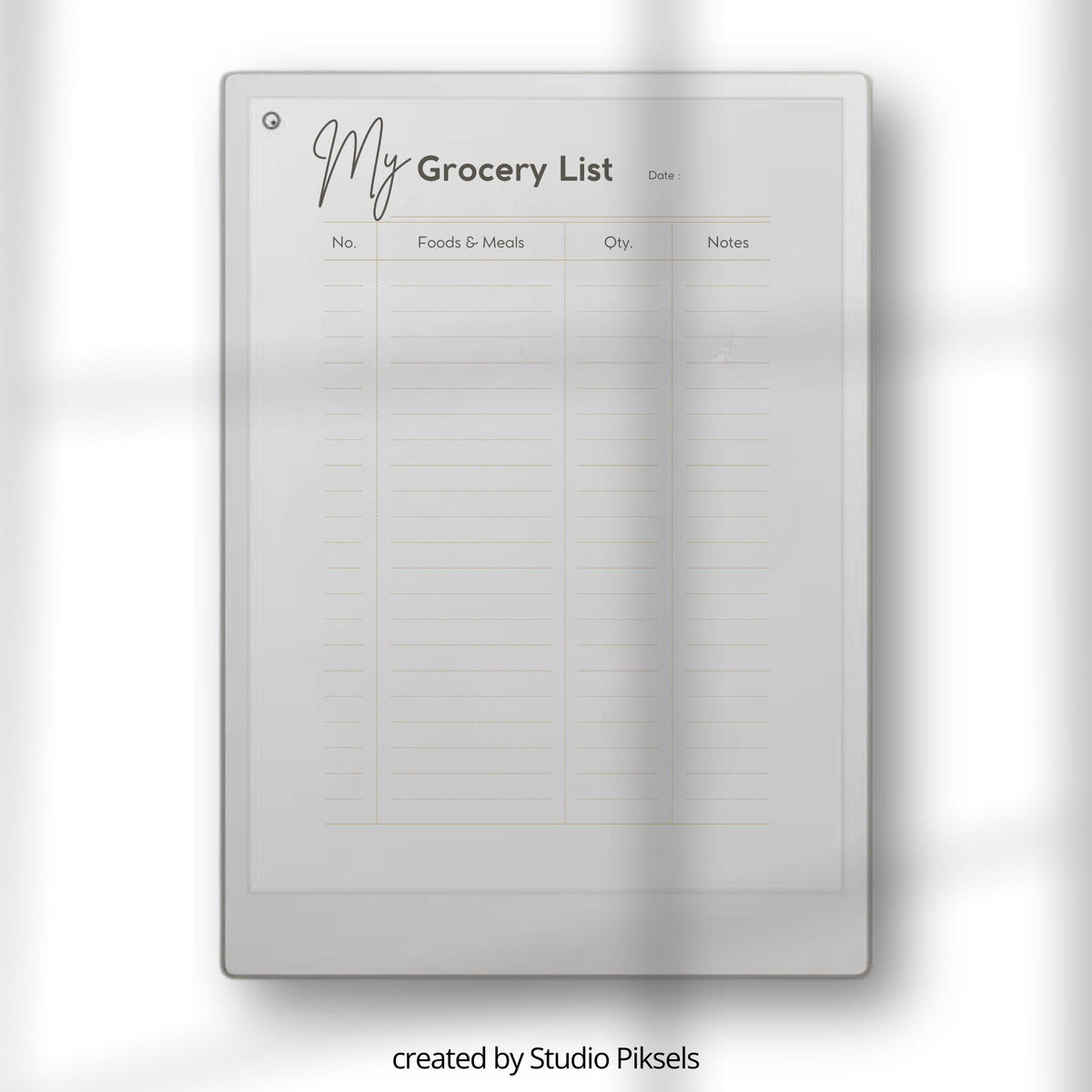Grocery List Notebook for reMarkable Paper Pro with reusable shopping list pages, meal planning layouts, grocery organization templates, and minimalist digital notebook pages for E Ink tablets.