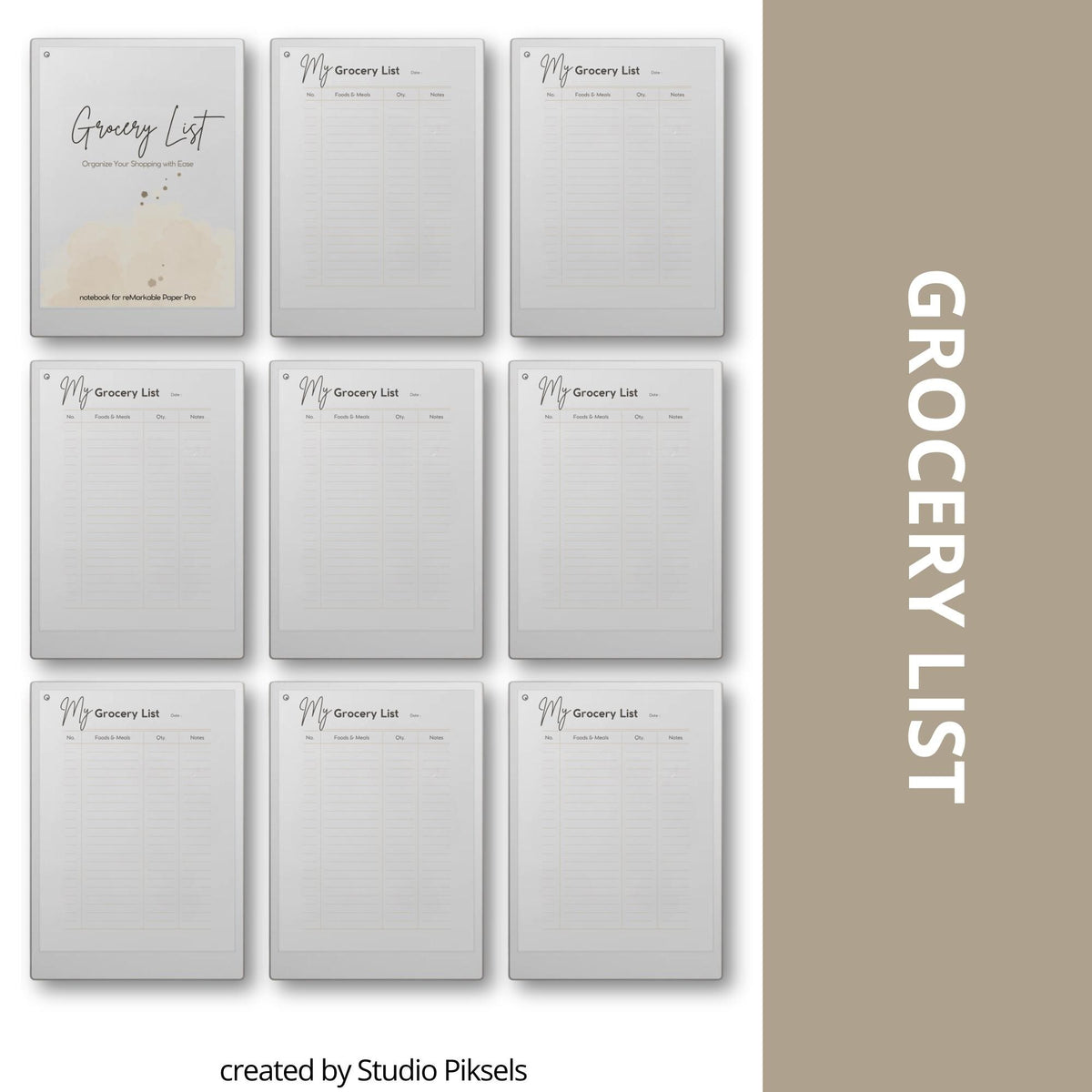 Grocery List Notebook for reMarkable Paper Pro with reusable shopping list pages, meal planning layouts, grocery organization templates, and minimalist digital notebook pages for E Ink tablets. 