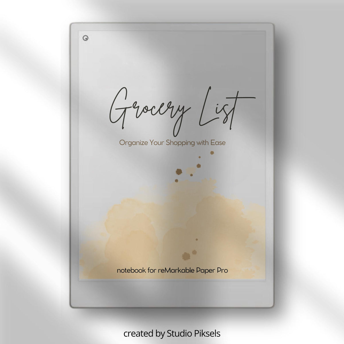 Grocery List Notebook for reMarkable Paper Pro with reusable shopping list pages, meal planning layouts, grocery organization templates, and minimalist digital notebook pages for E Ink tablets.