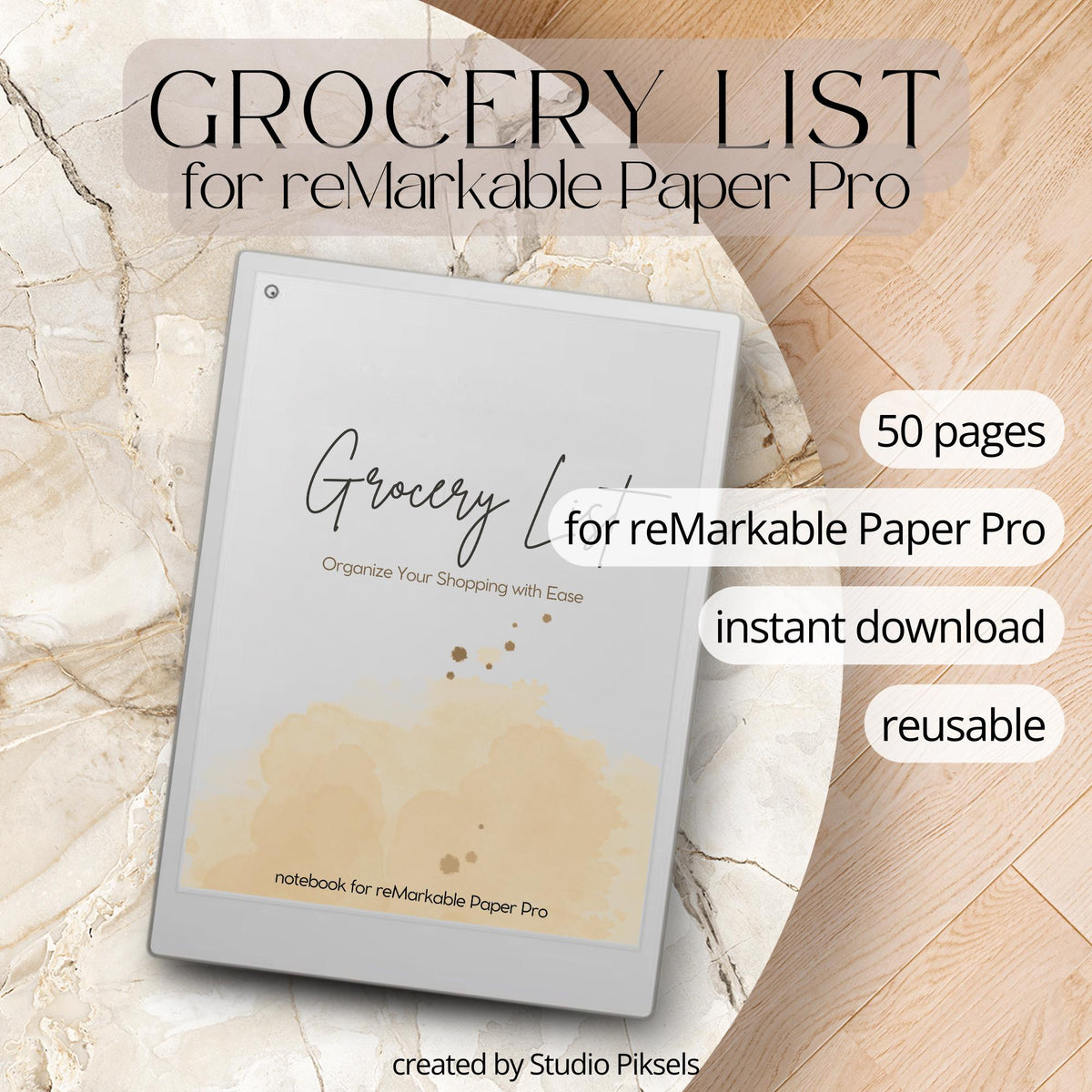 Grocery List Notebook for reMarkable Paper Pro with reusable shopping list pages, meal planning layouts, grocery organization templates, and minimalist digital notebook pages for E Ink tablets. 