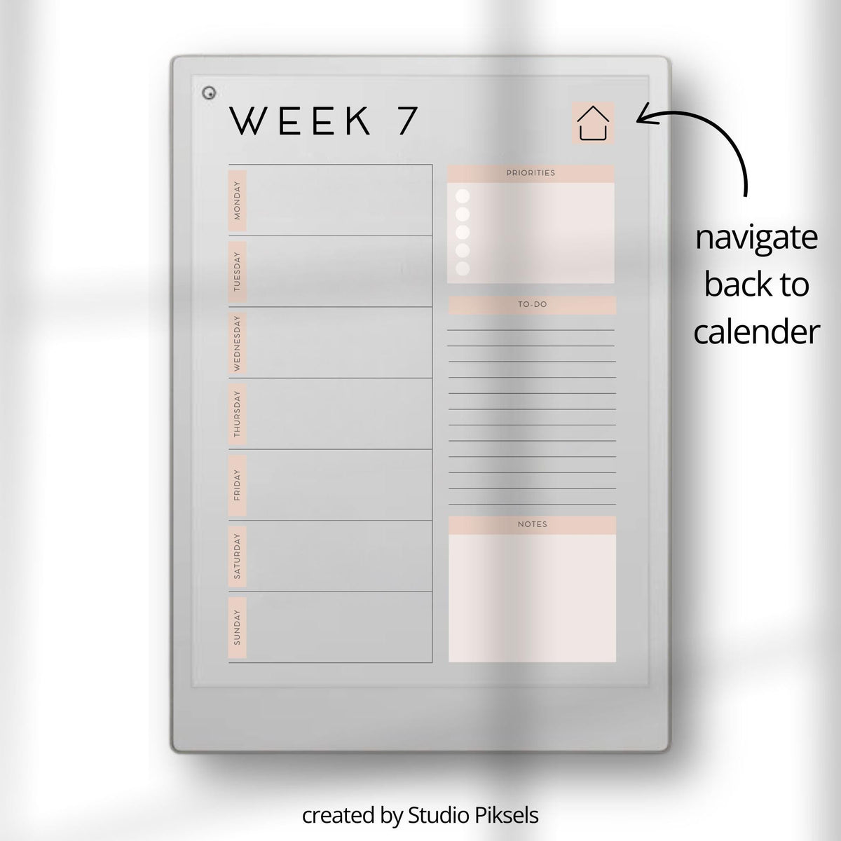 Undated planner for reMarkable Paper Pro flexible digital weekly planner with 60 undated pages for goal setting, task management, and structured planning. Includes hyperlinked navigation, weekly priorities, to-do lists, and notes sections for organized productivity.
